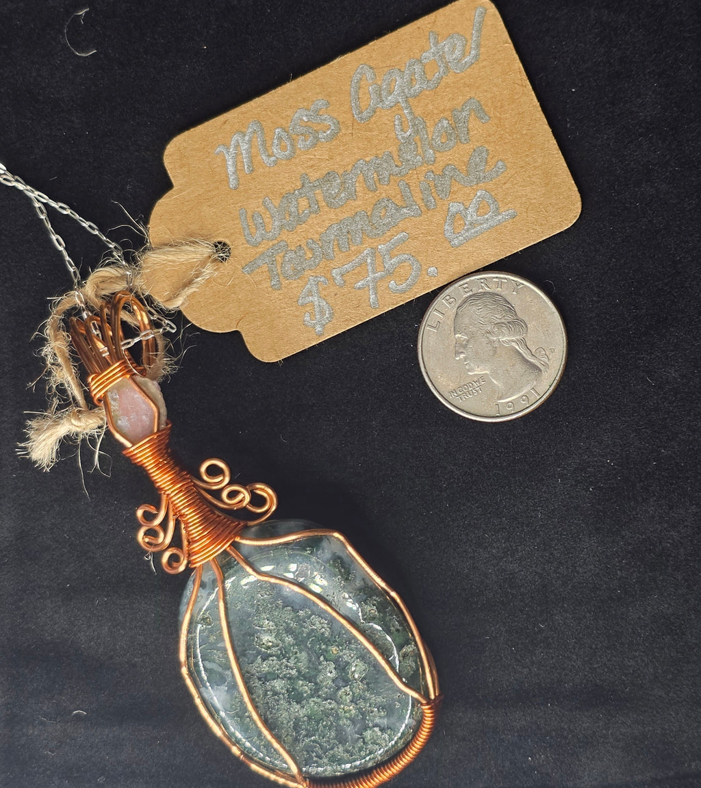 Moss Agate Pendant with Watermelon Tourmaline