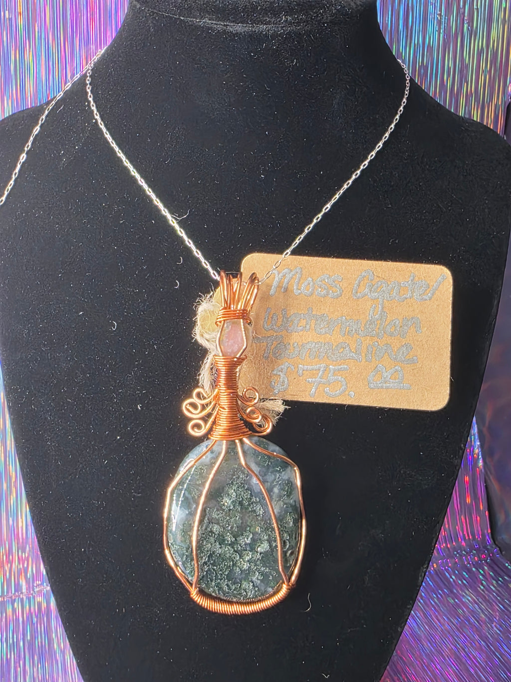 Moss Agate Pendant with Watermelon Tourmaline