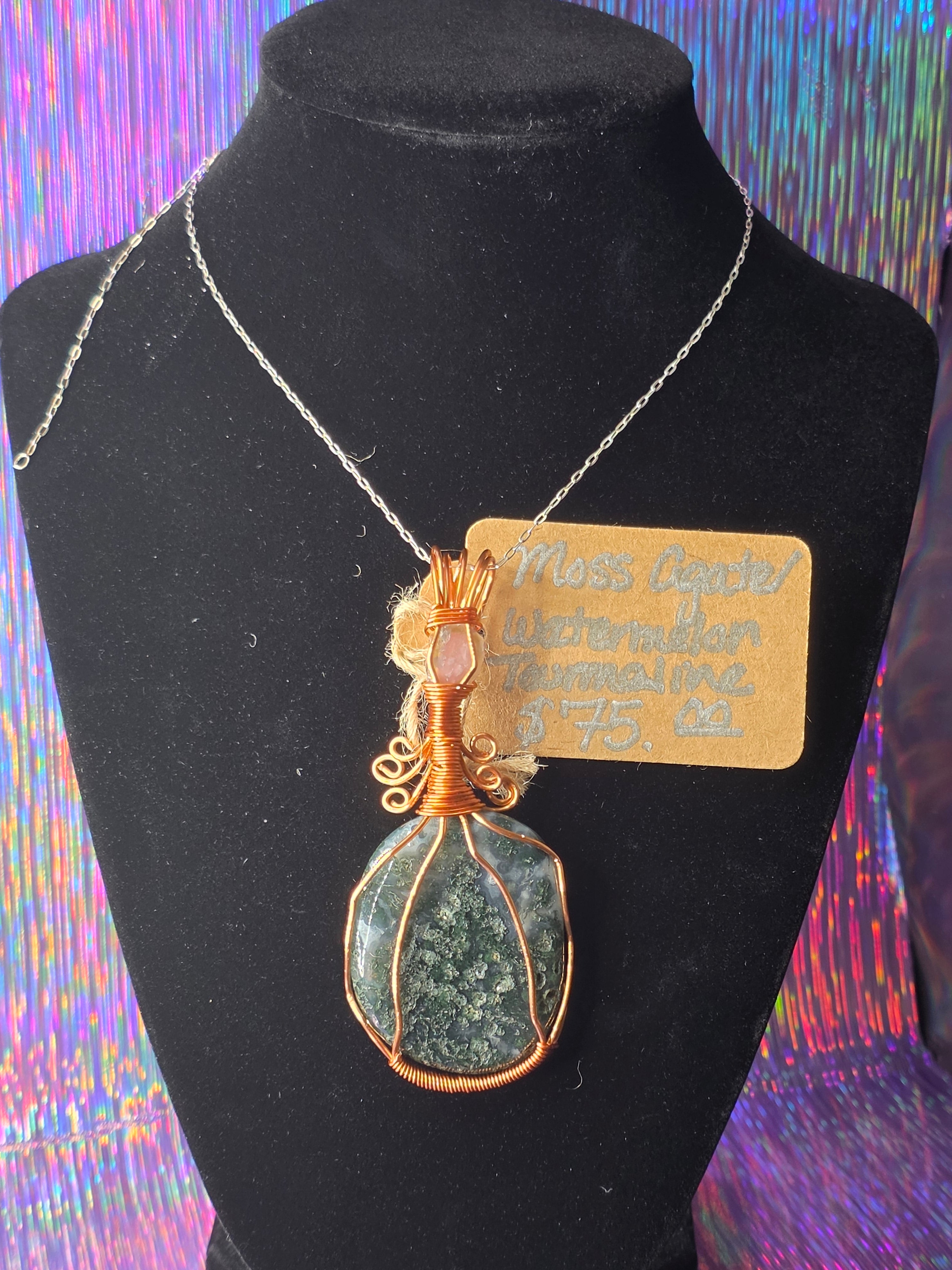 Moss Agate Pendant with Watermelon Tourmaline