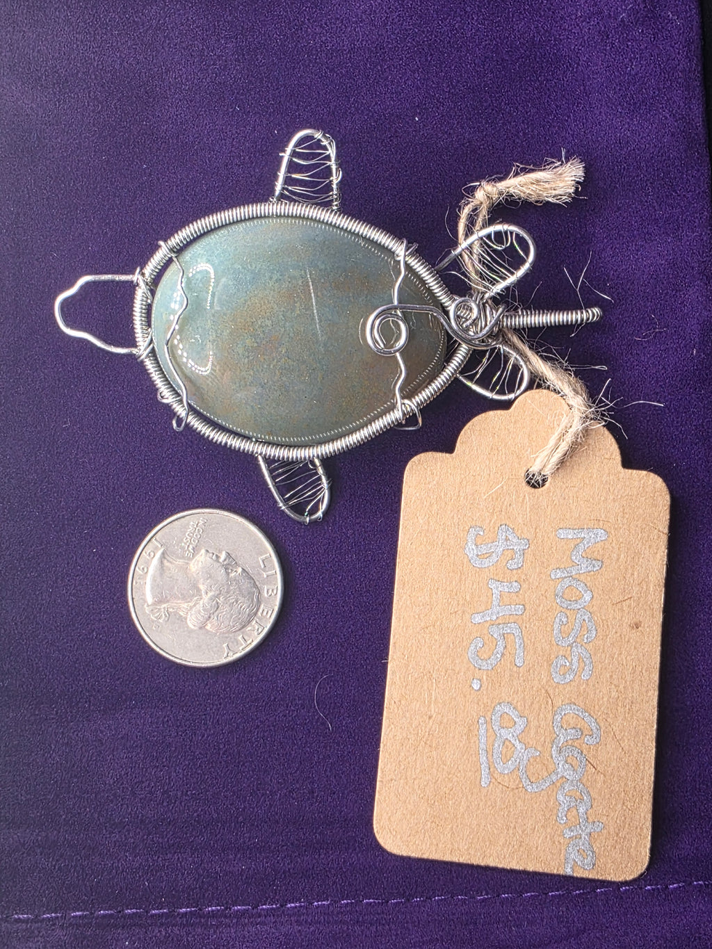 Moss Agate Oval Turtle Pendant