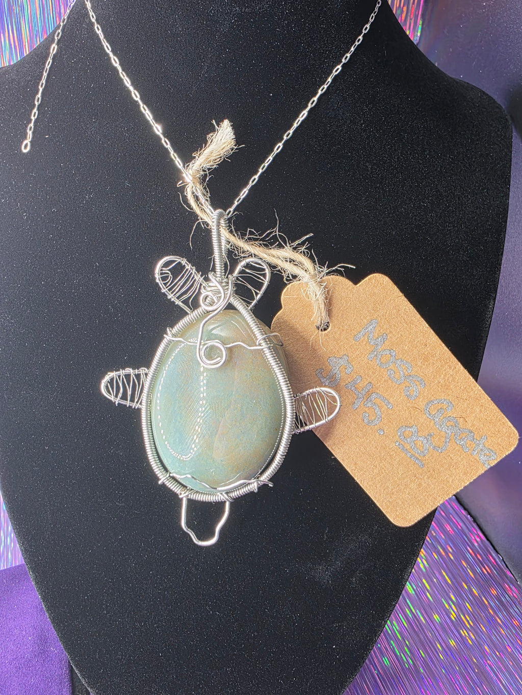 Moss Agate Oval Turtle Pendant