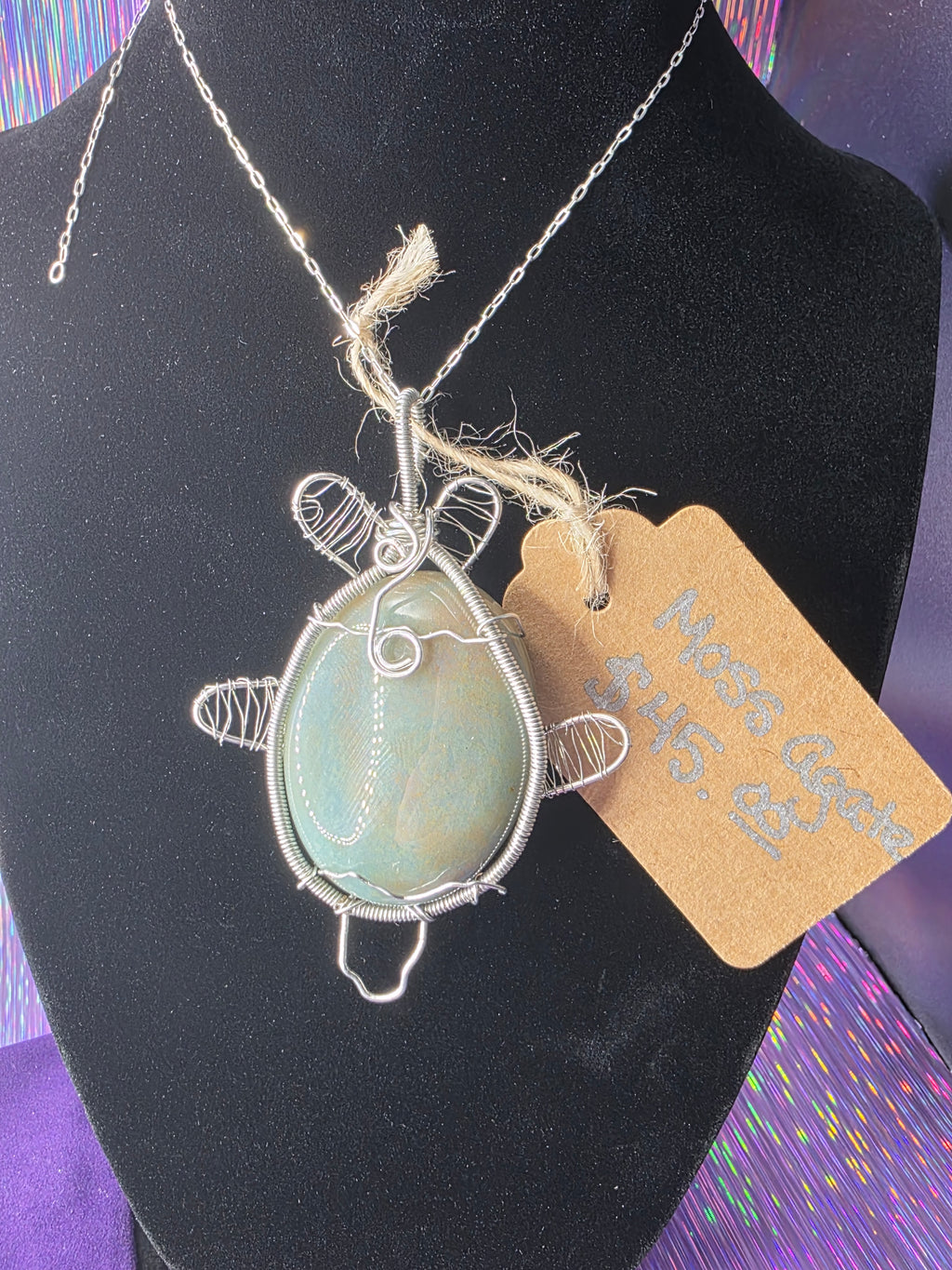 Moss Agate Oval Turtle Pendant