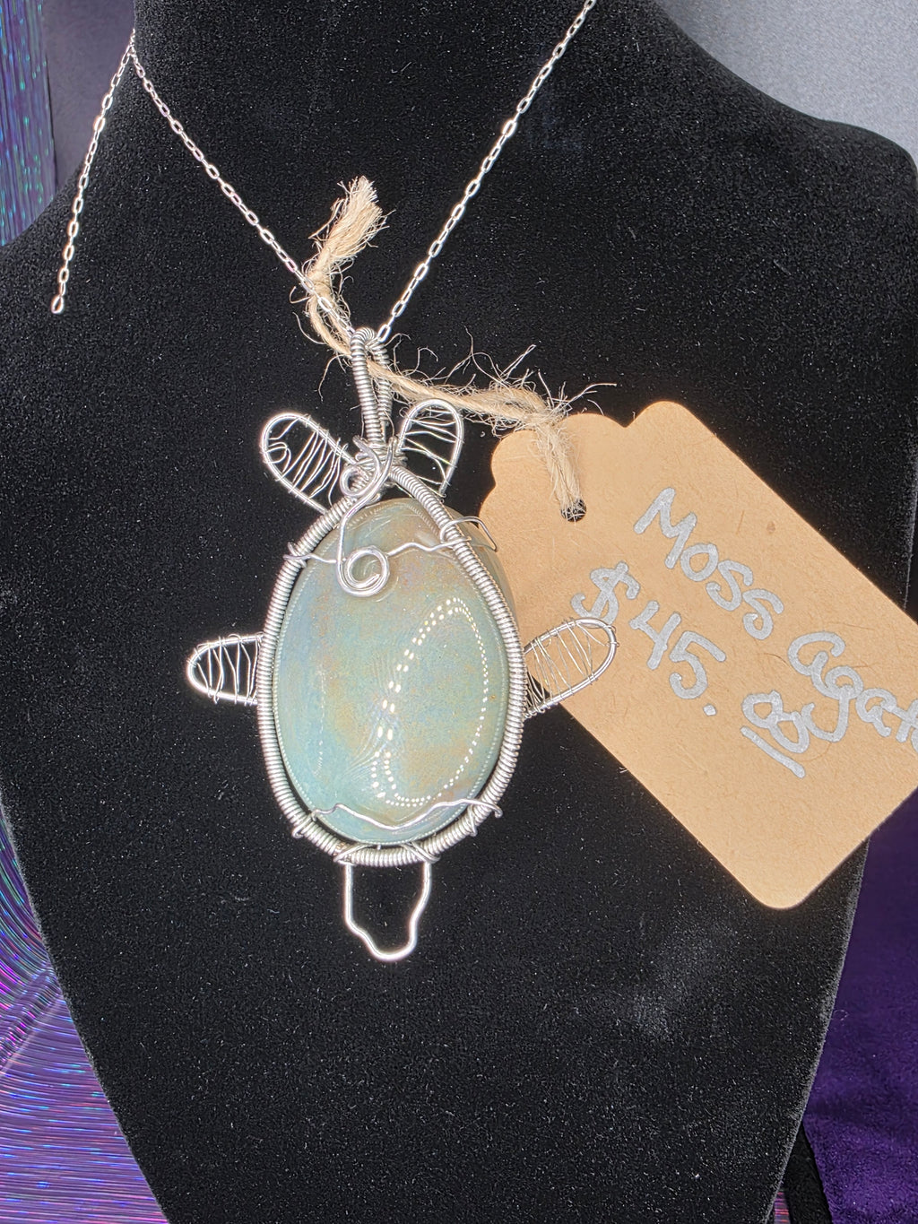 Moss Agate Oval Turtle Pendant