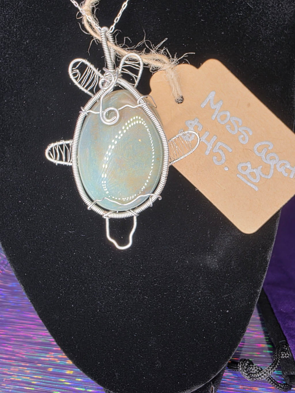 Moss Agate Oval Turtle Pendant