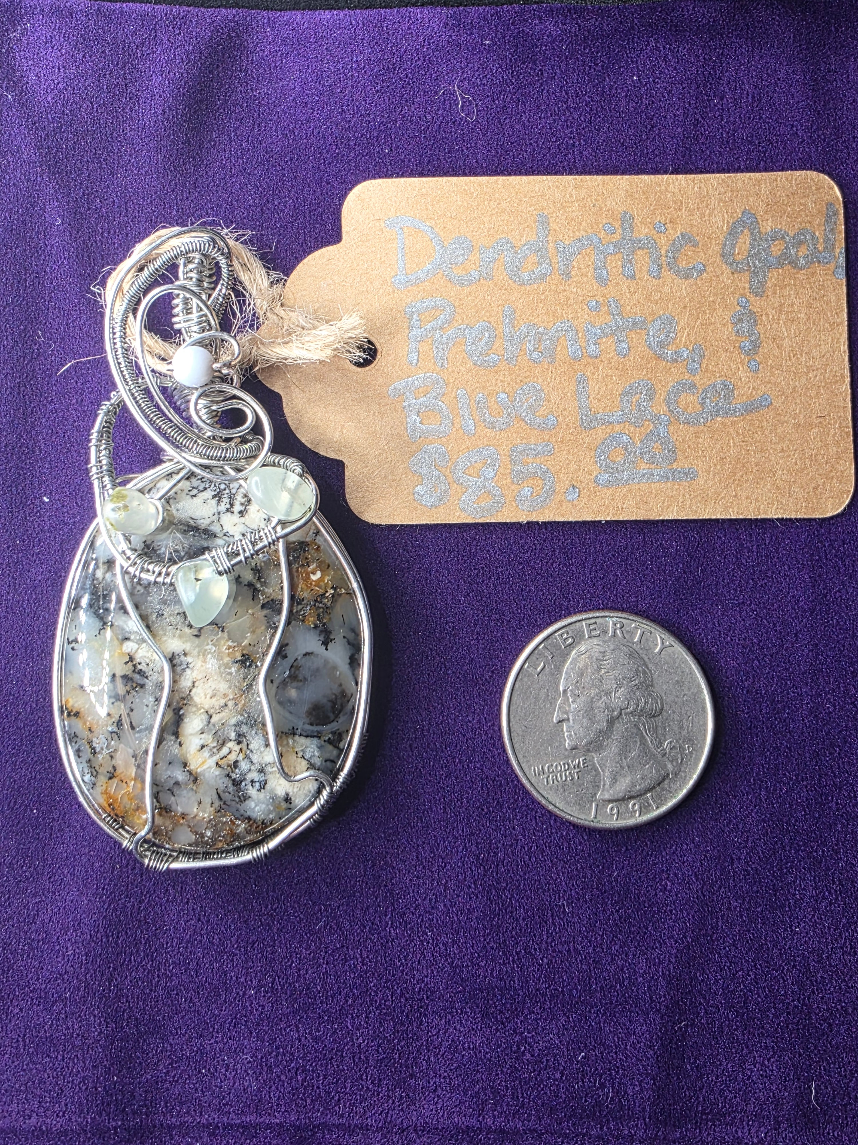 Dendritic Opal Pendant with Prehnite & Blue Lace Agate