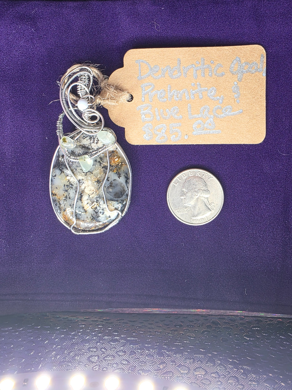 Dendritic Opal Pendant with Prehnite & Blue Lace Agate