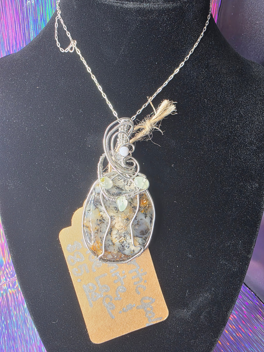 Dendritic Opal Pendant with Prehnite & Blue Lace Agate