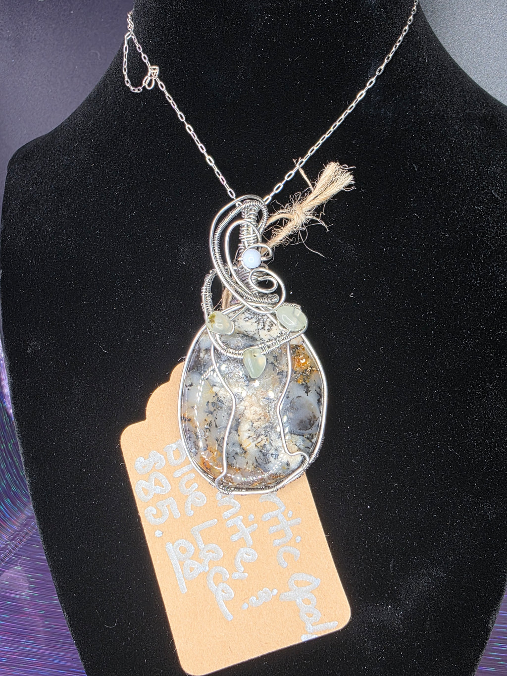 Dendritic Opal Pendant with Prehnite & Blue Lace Agate