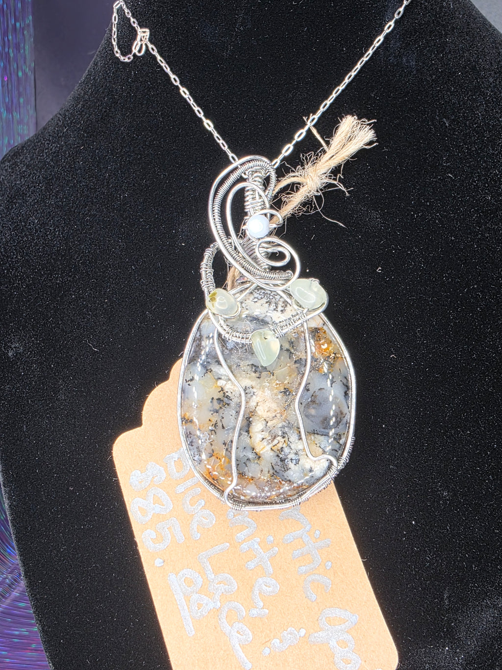Dendritic Opal Pendant with Prehnite & Blue Lace Agate