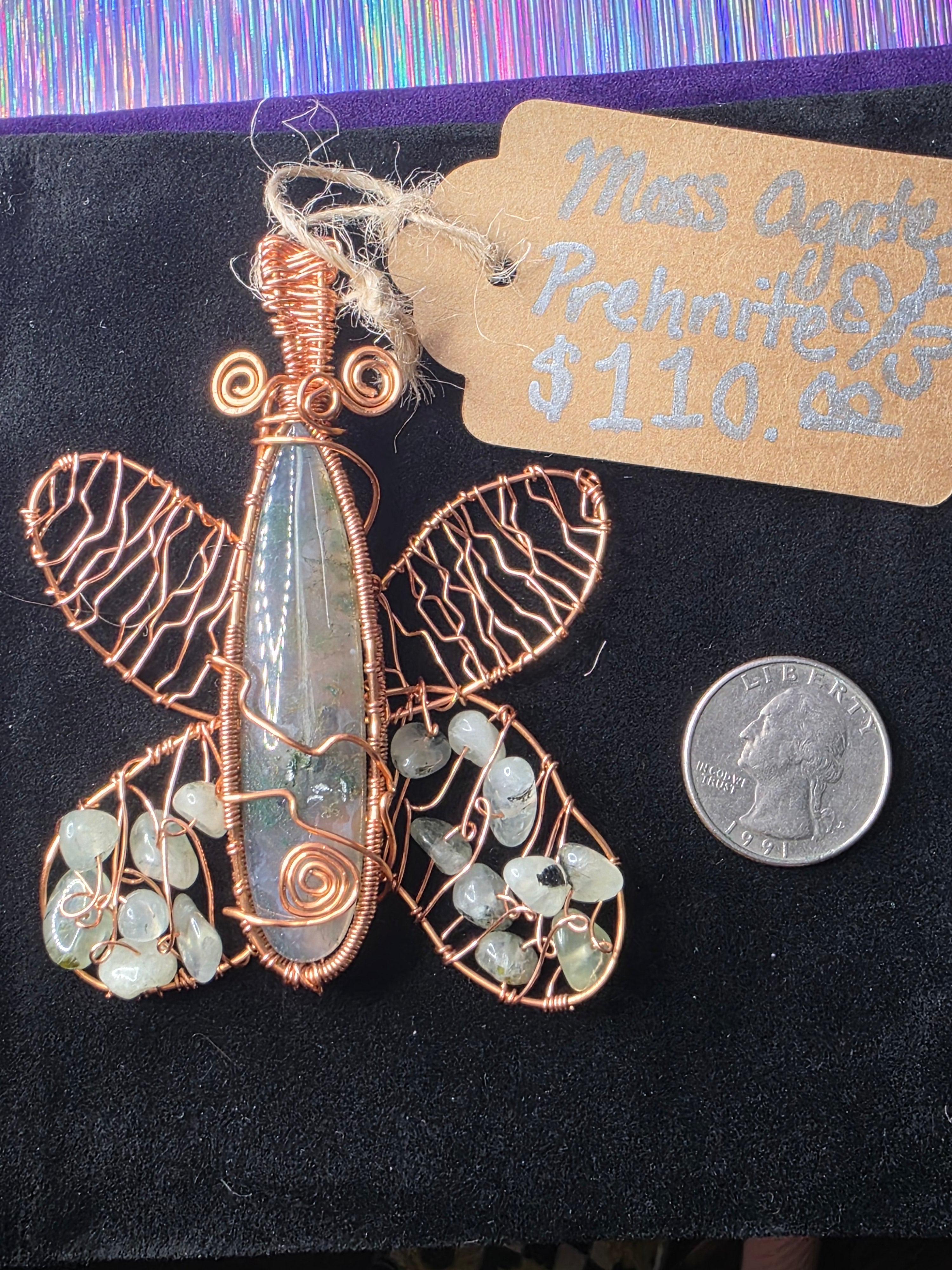 Moss Agate and Prehnite Bead Butterfly Pendant