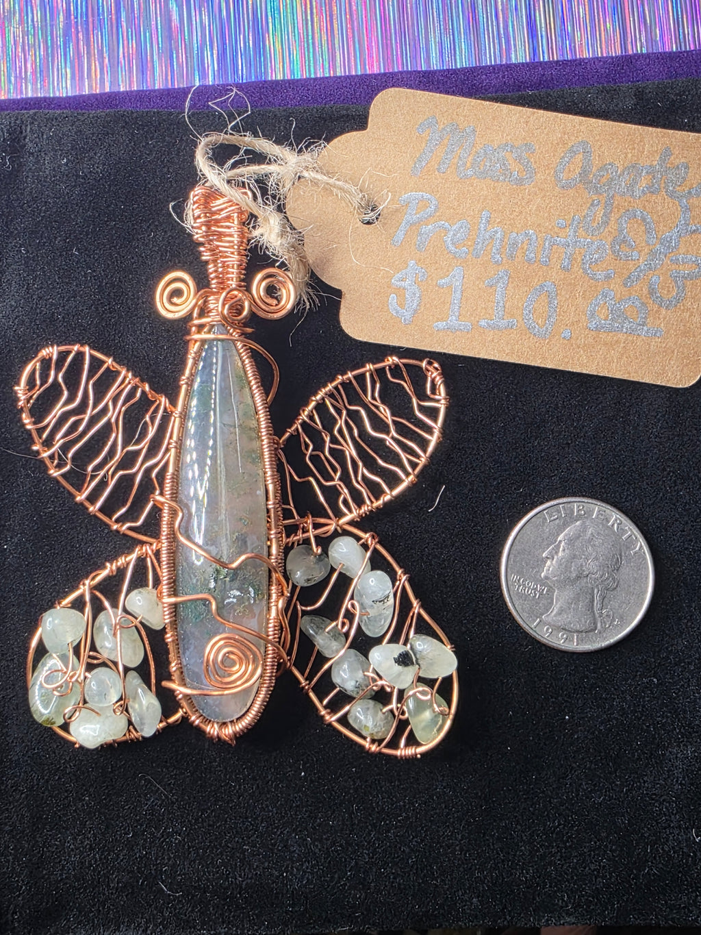 Moss Agate and Prehnite Bead Butterfly Pendant