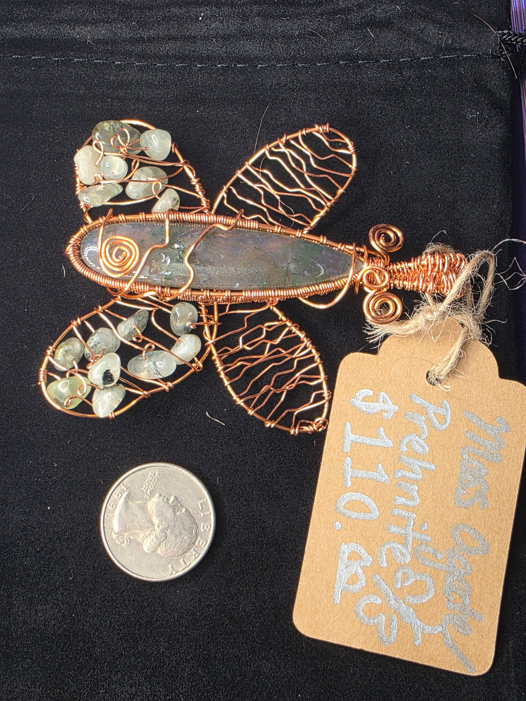 Moss Agate and Prehnite Bead Butterfly Pendant
