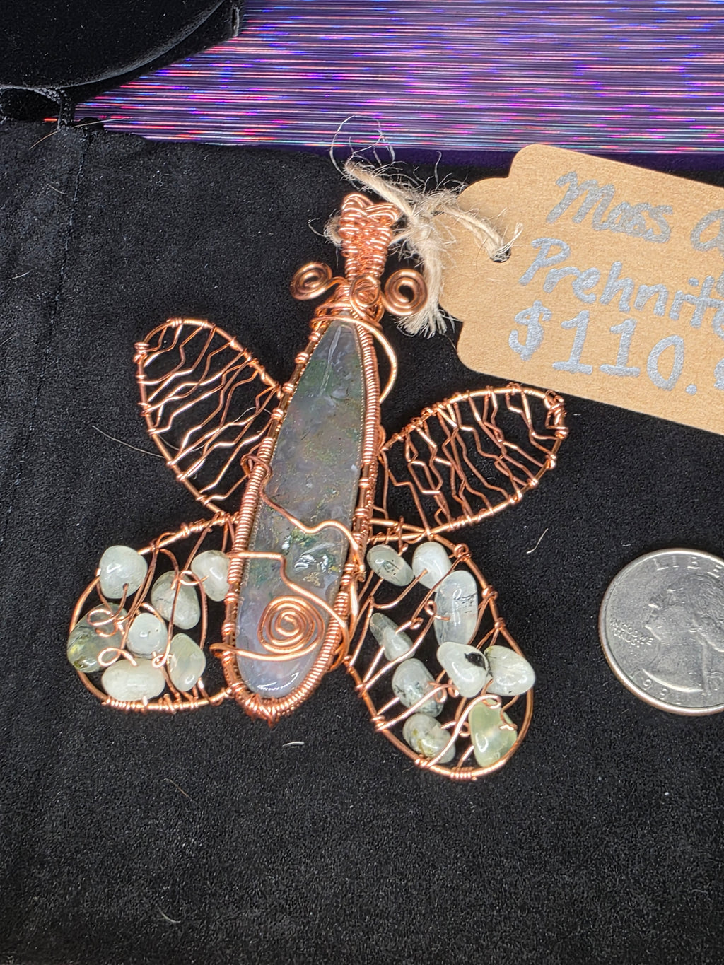 Moss Agate and Prehnite Bead Butterfly Pendant