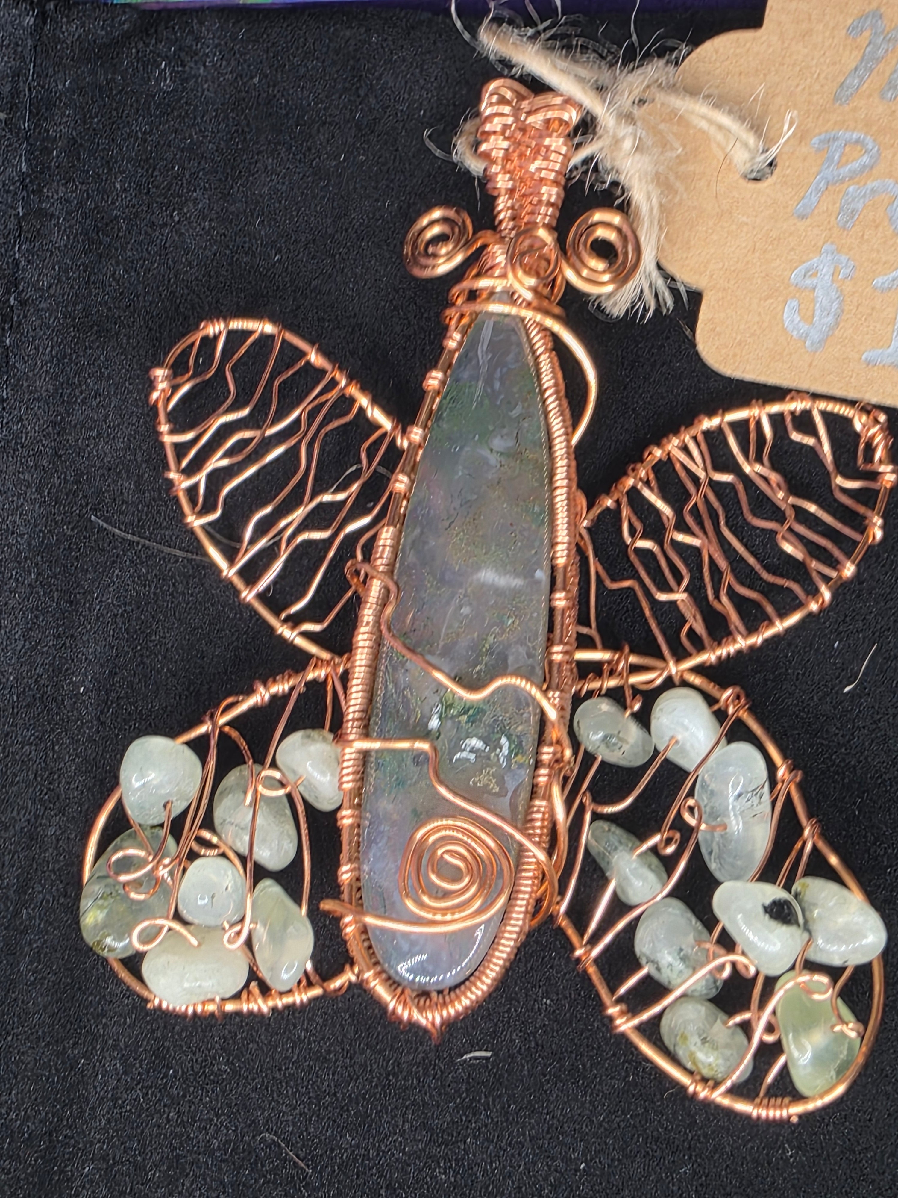 Moss Agate and Prehnite Bead Butterfly Pendant