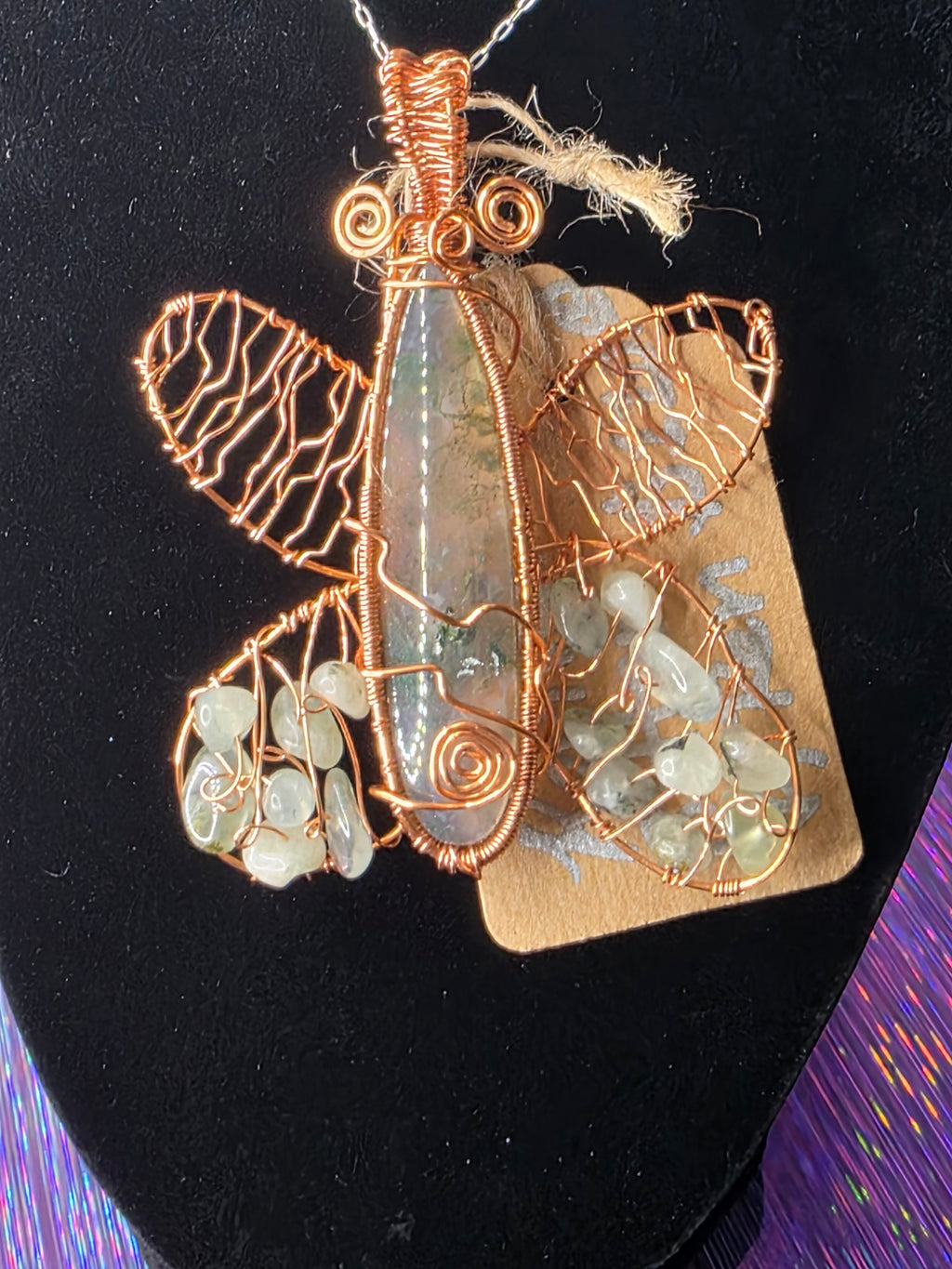 Moss Agate and Prehnite Bead Butterfly Pendant