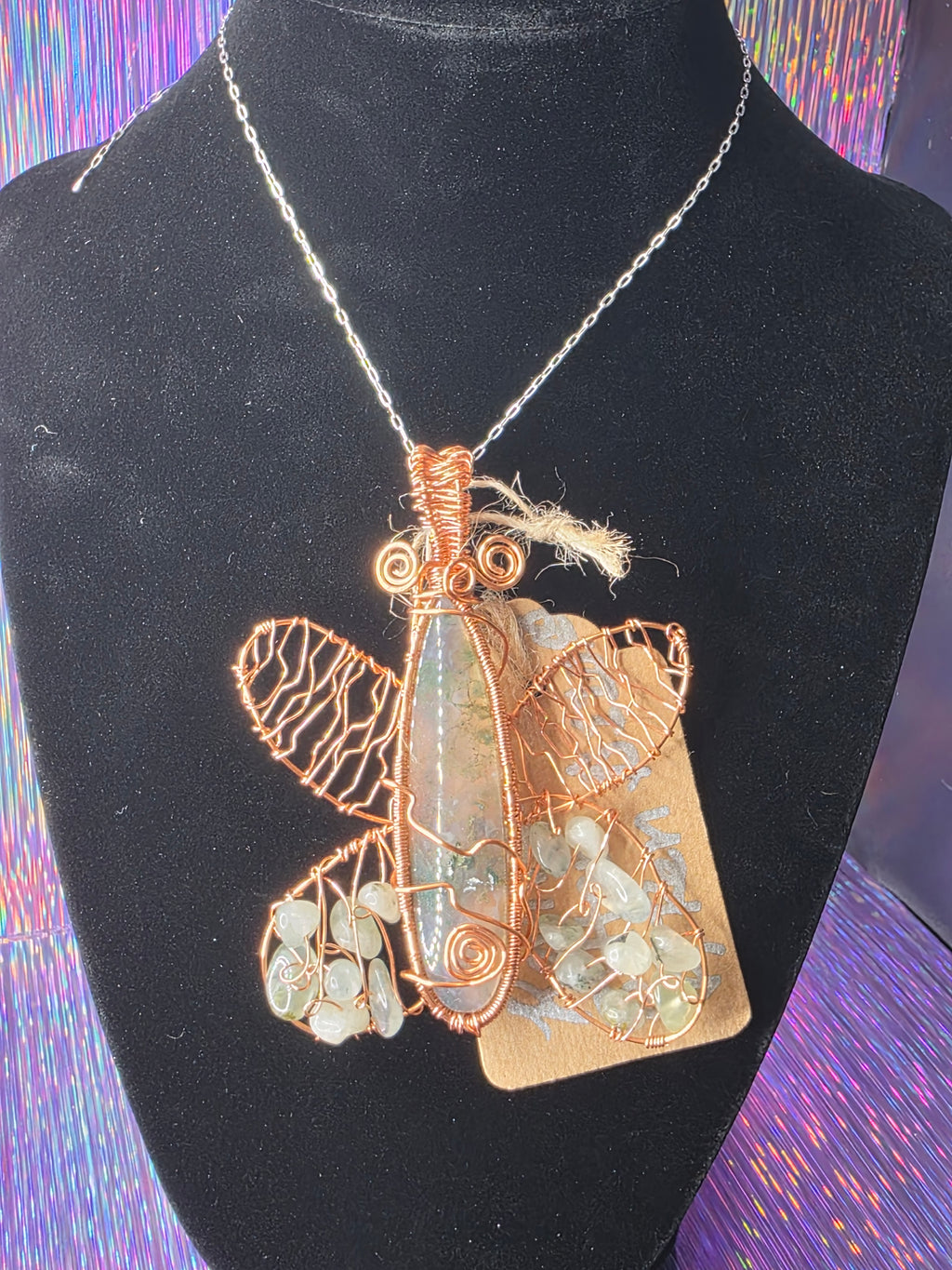 Moss Agate and Prehnite Bead Butterfly Pendant