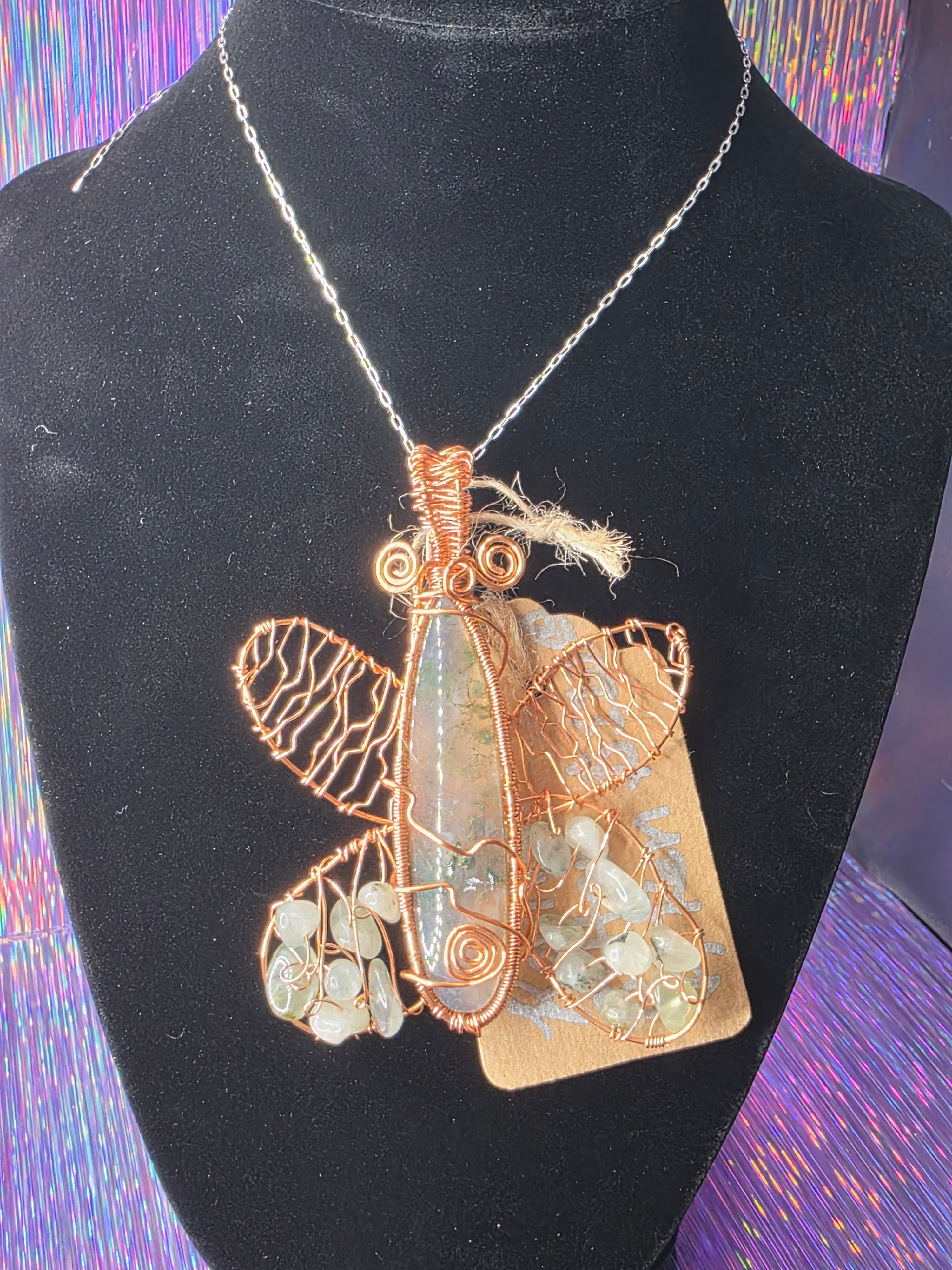 Moss Agate and Prehnite Bead Butterfly Pendant