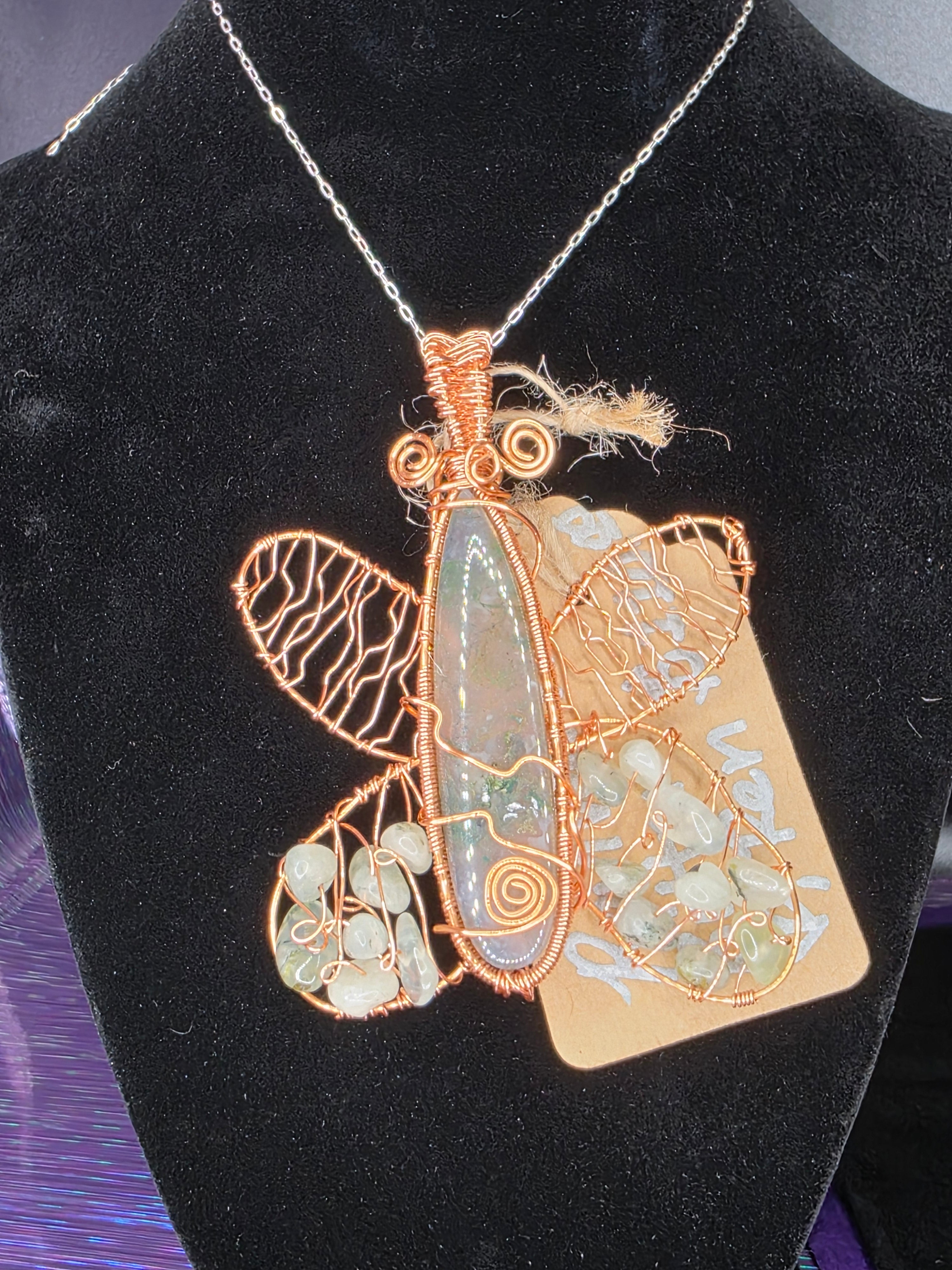 Moss Agate and Prehnite Bead Butterfly Pendant