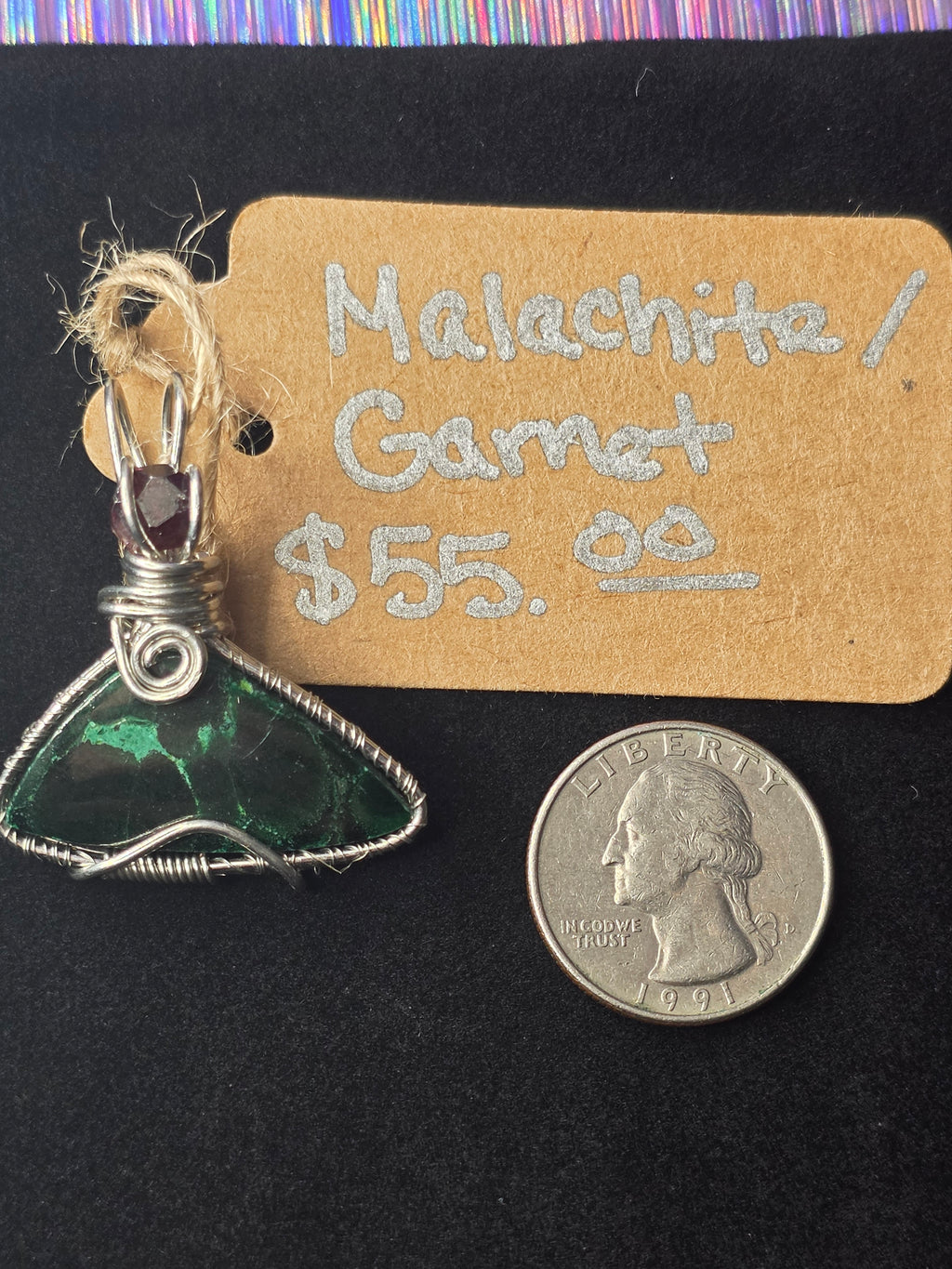Malachite Triangle Pendant with Raw Garnet