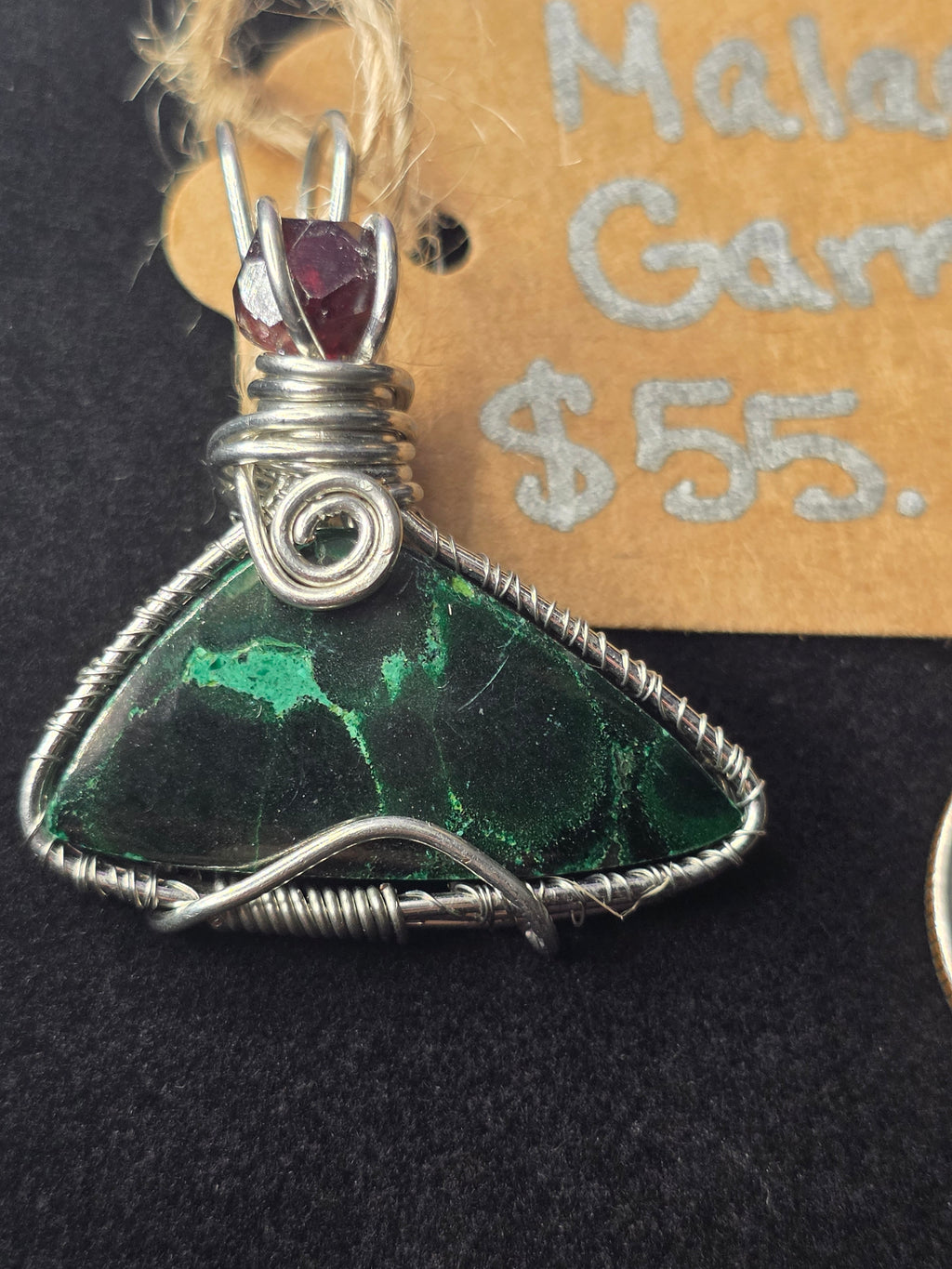 Malachite Triangle Pendant with Raw Garnet