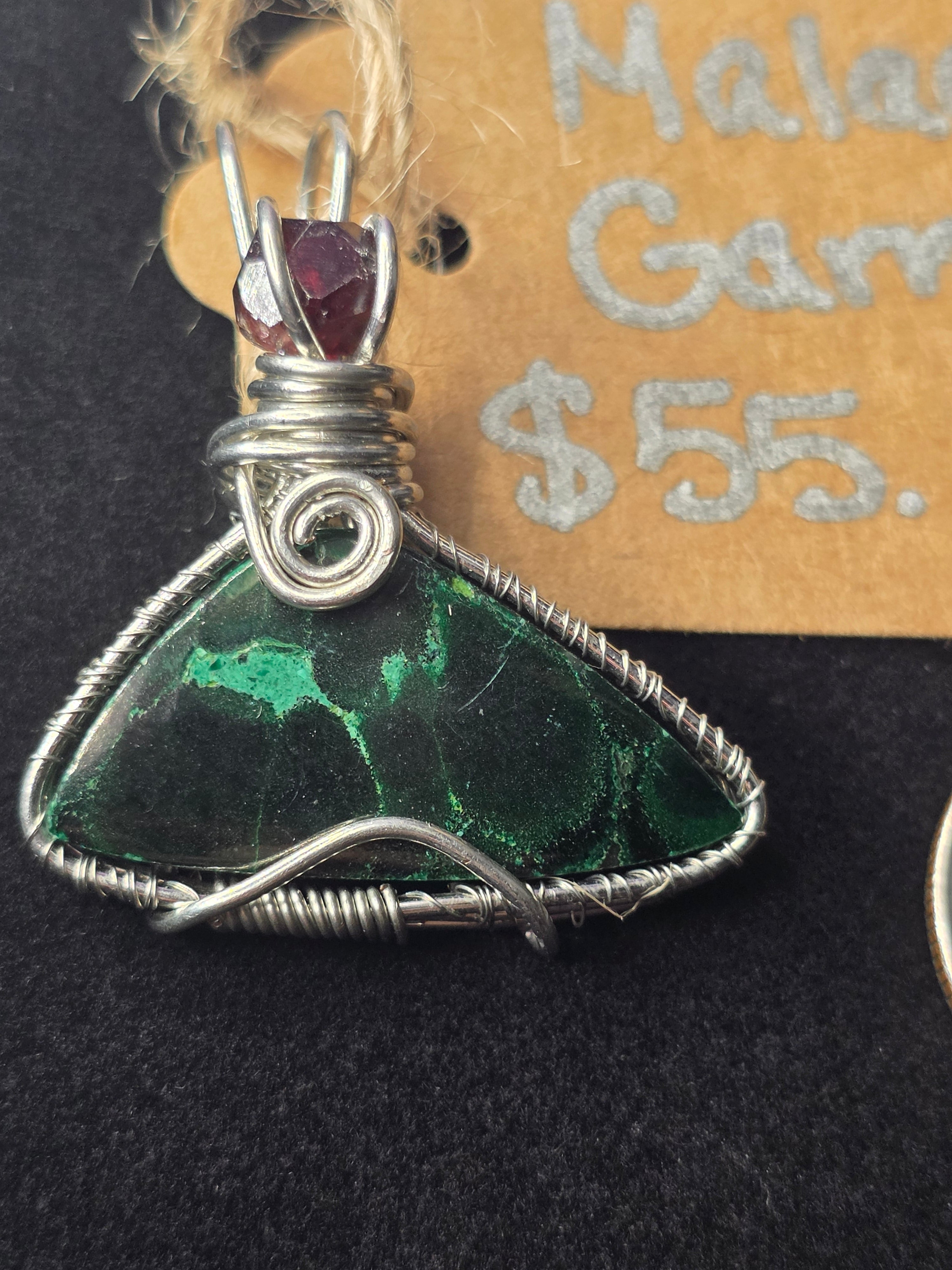 Malachite Triangle Pendant with Raw Garnet