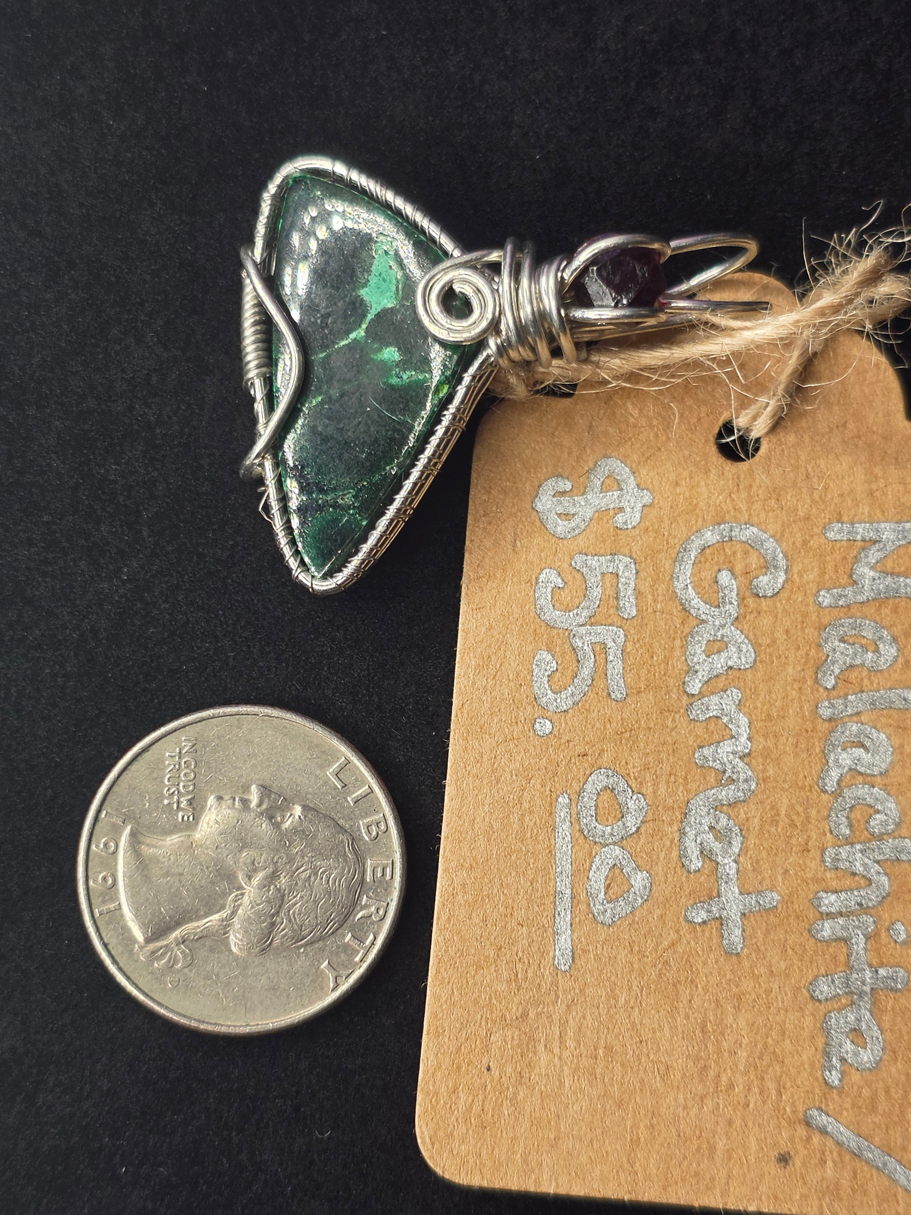 Malachite Triangle Pendant with Raw Garnet