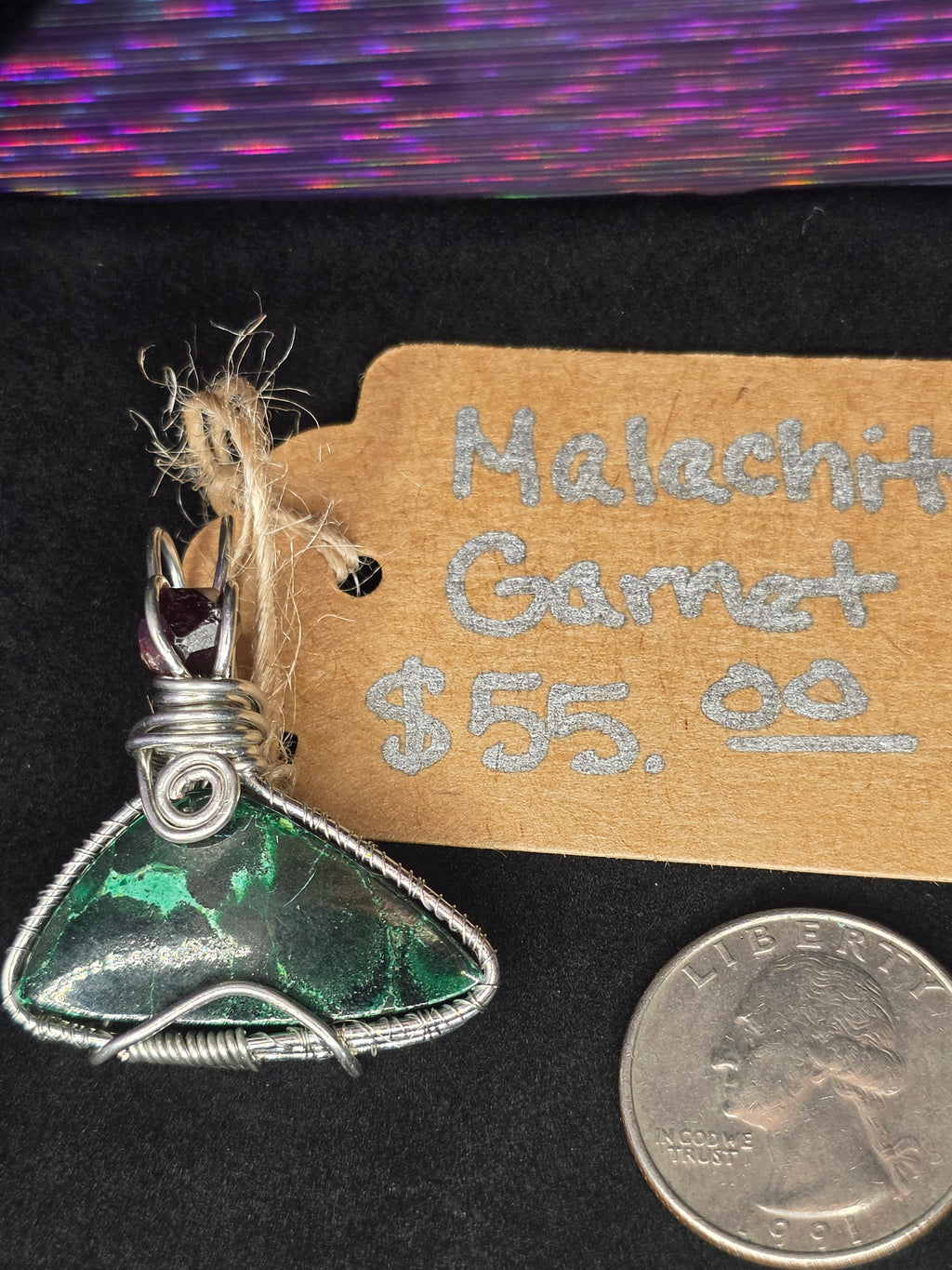 Malachite Triangle Pendant with Raw Garnet