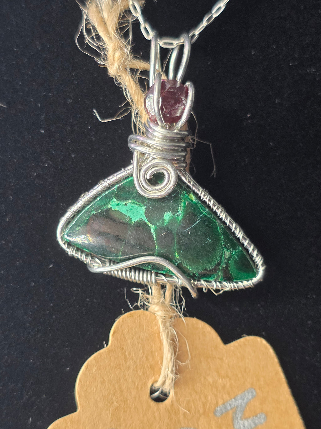 Malachite Triangle Pendant with Raw Garnet