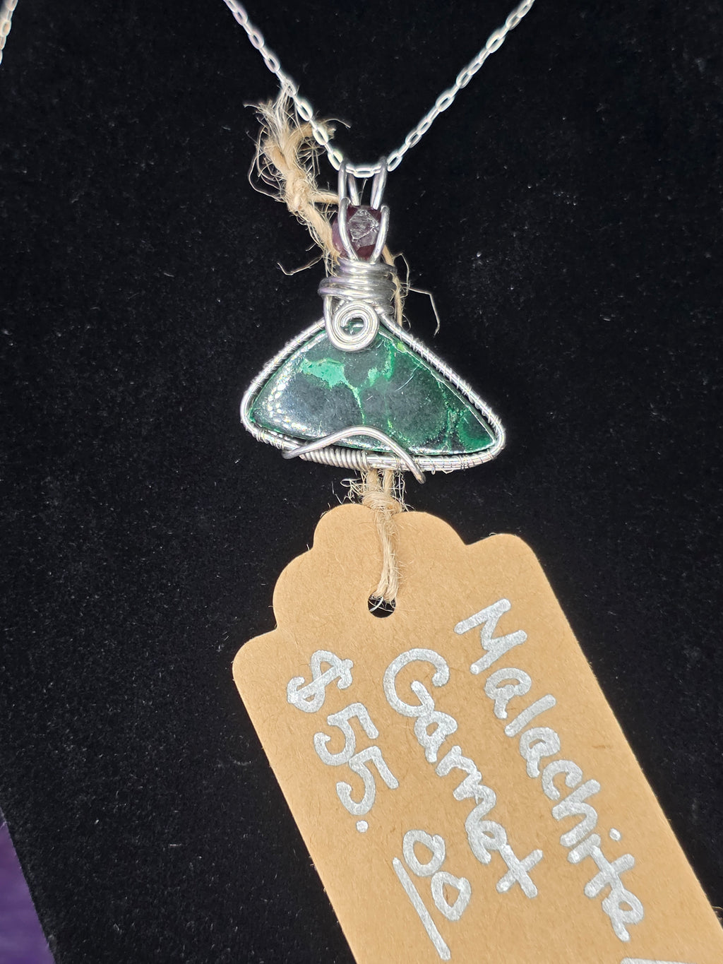 Malachite Triangle Pendant with Raw Garnet
