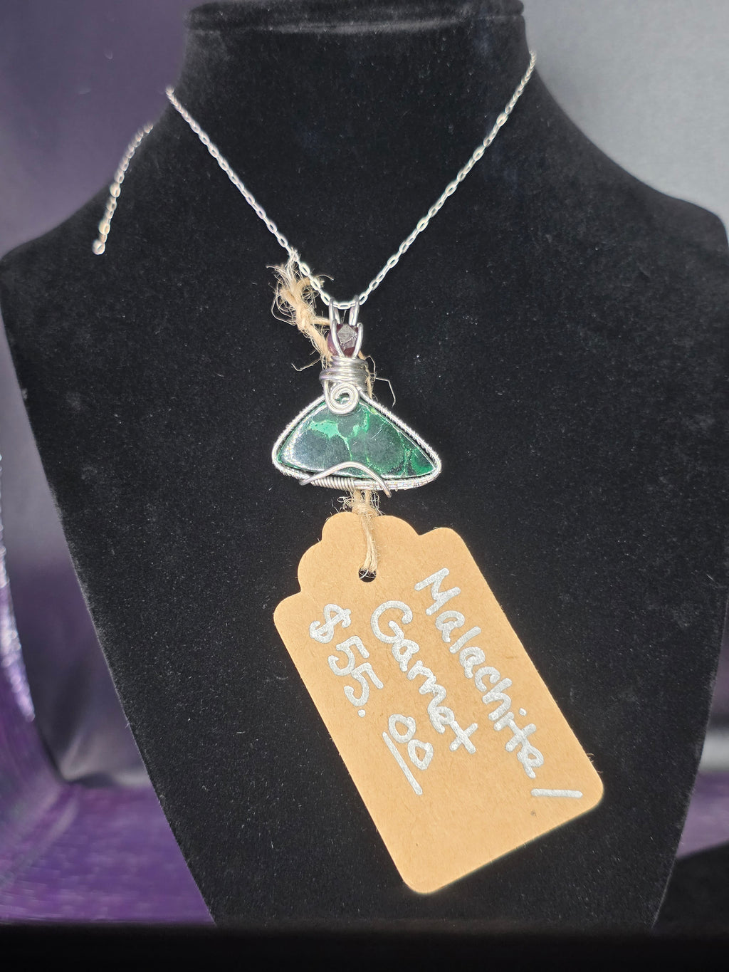 Malachite Triangle Pendant with Raw Garnet