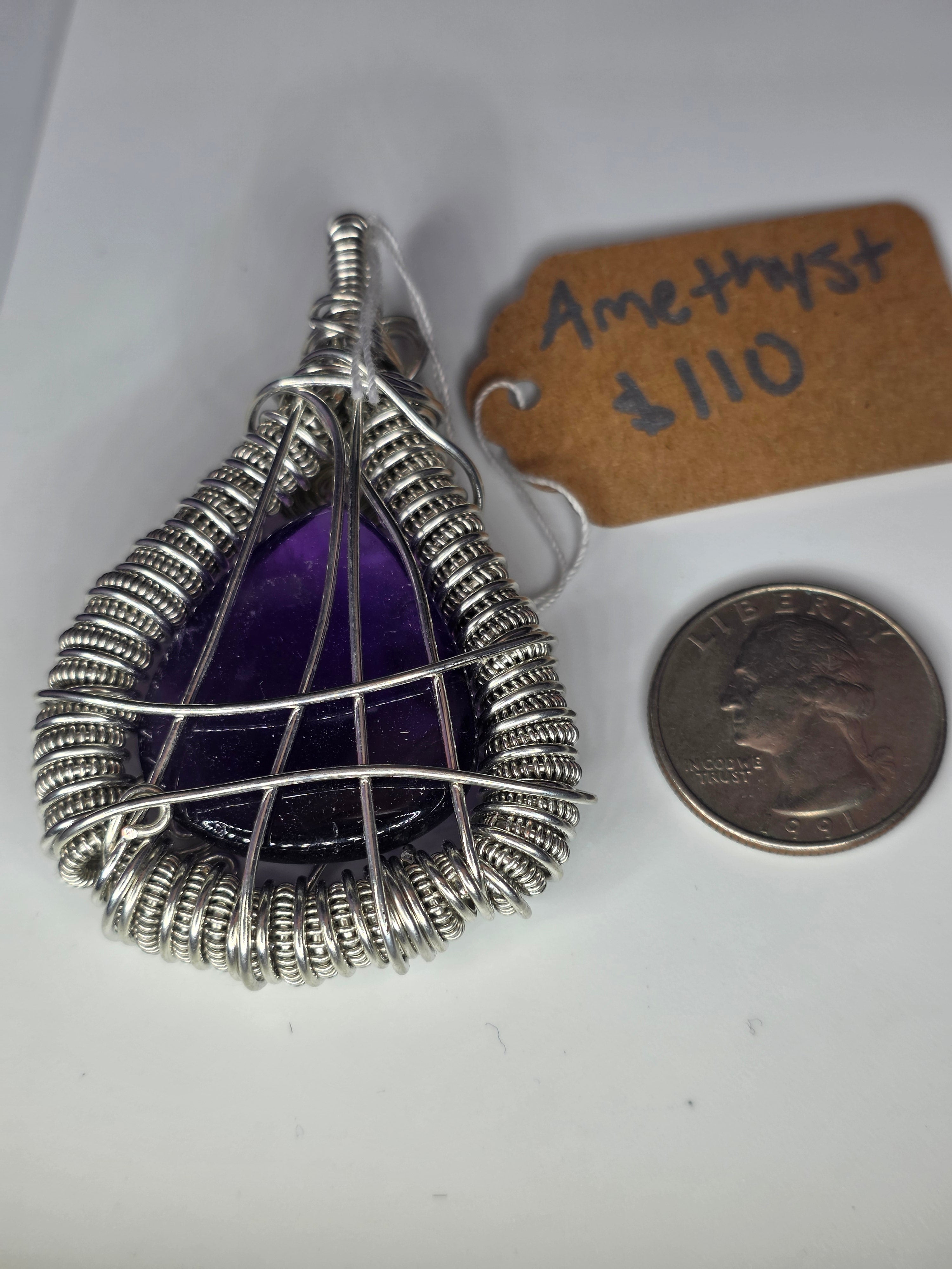 Amethyst Teardrop Wire Woven Pendant