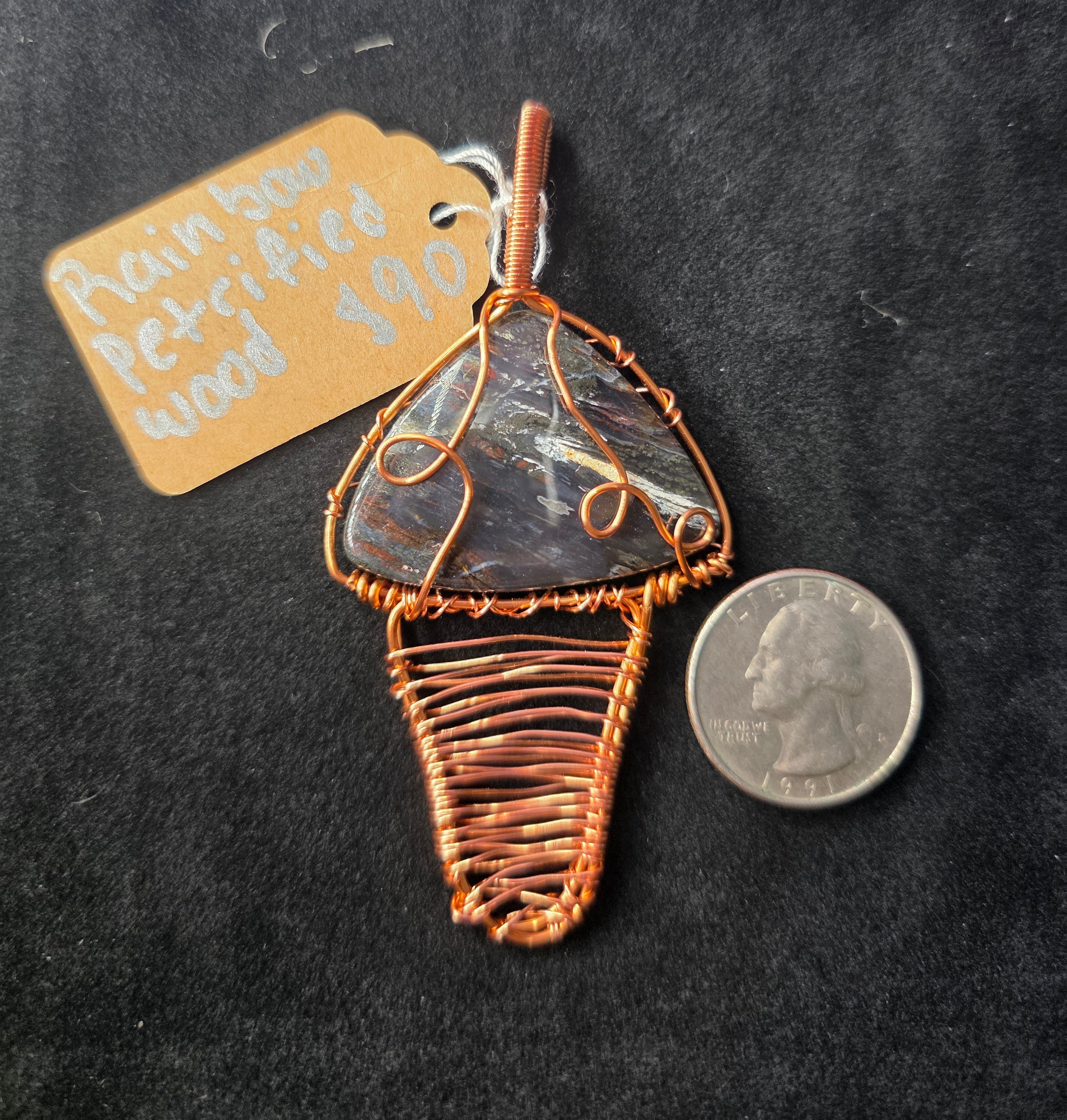 Rainbow Petrified Wood Artisan Basket Weave Copper Pendant