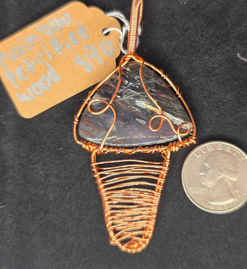Rainbow Petrified Wood Artisan Basket Weave Copper Pendant