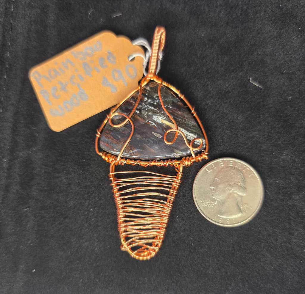 Rainbow Petrified Wood Artisan Basket Weave Copper Pendant
