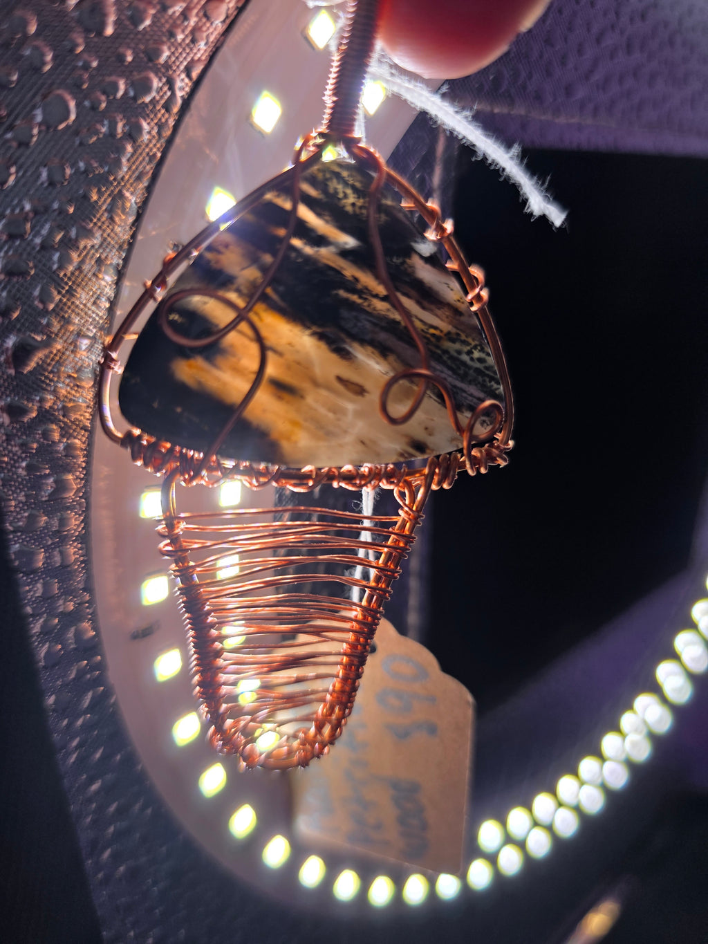 Rainbow Petrified Wood Artisan Basket Weave Copper Pendant