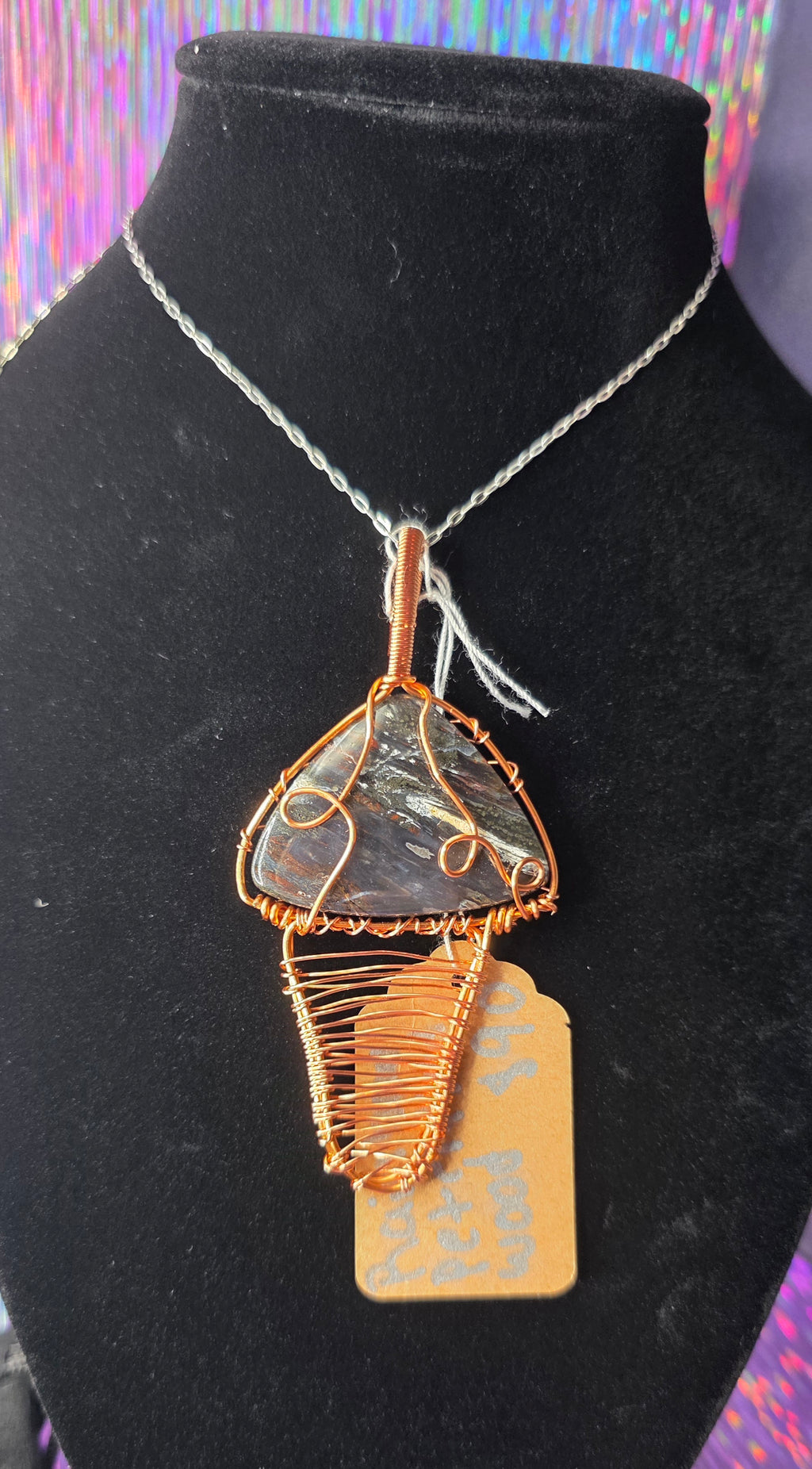 Rainbow Petrified Wood Artisan Basket Weave Copper Pendant