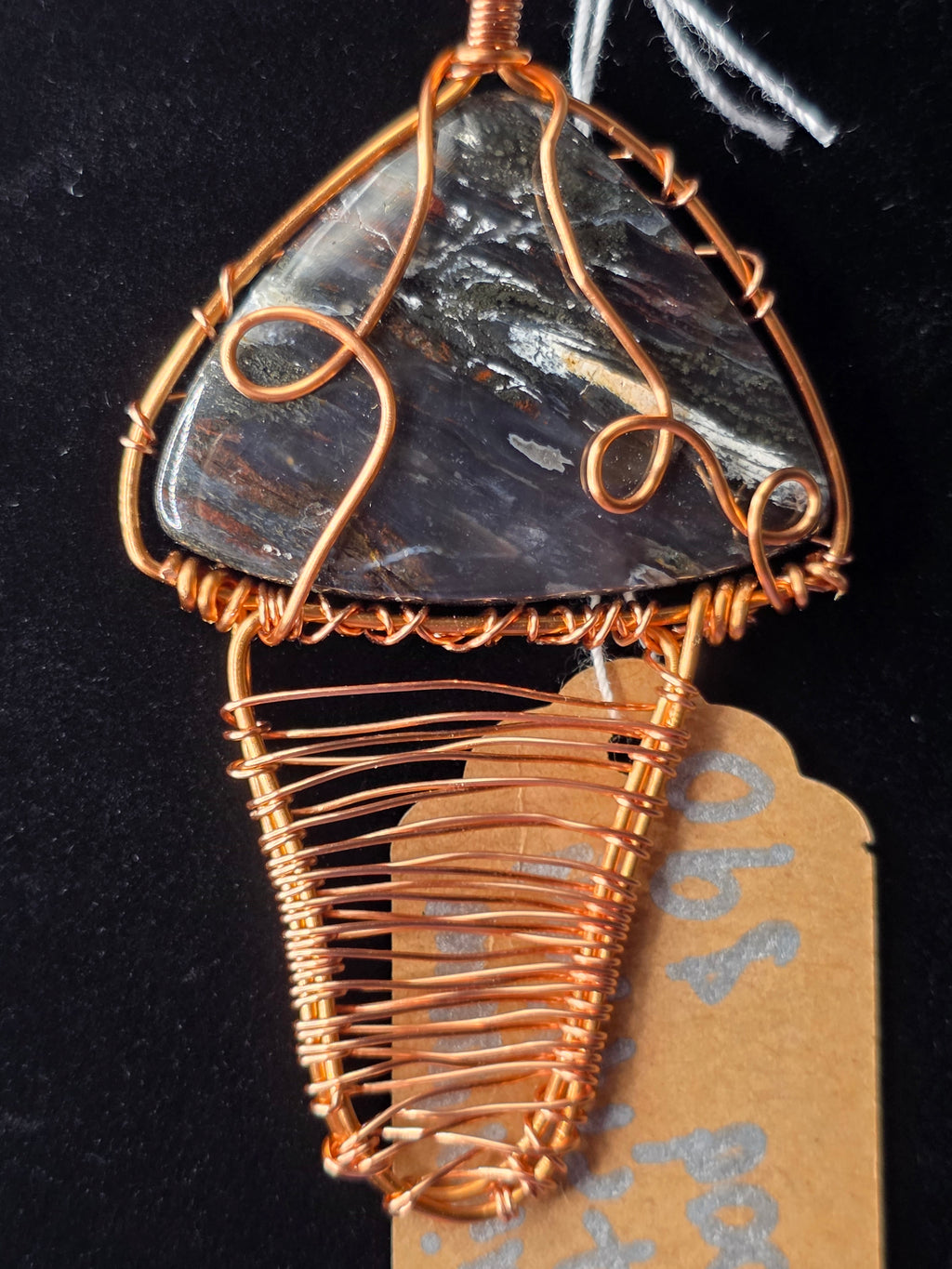 Rainbow Petrified Wood Artisan Basket Weave Copper Pendant