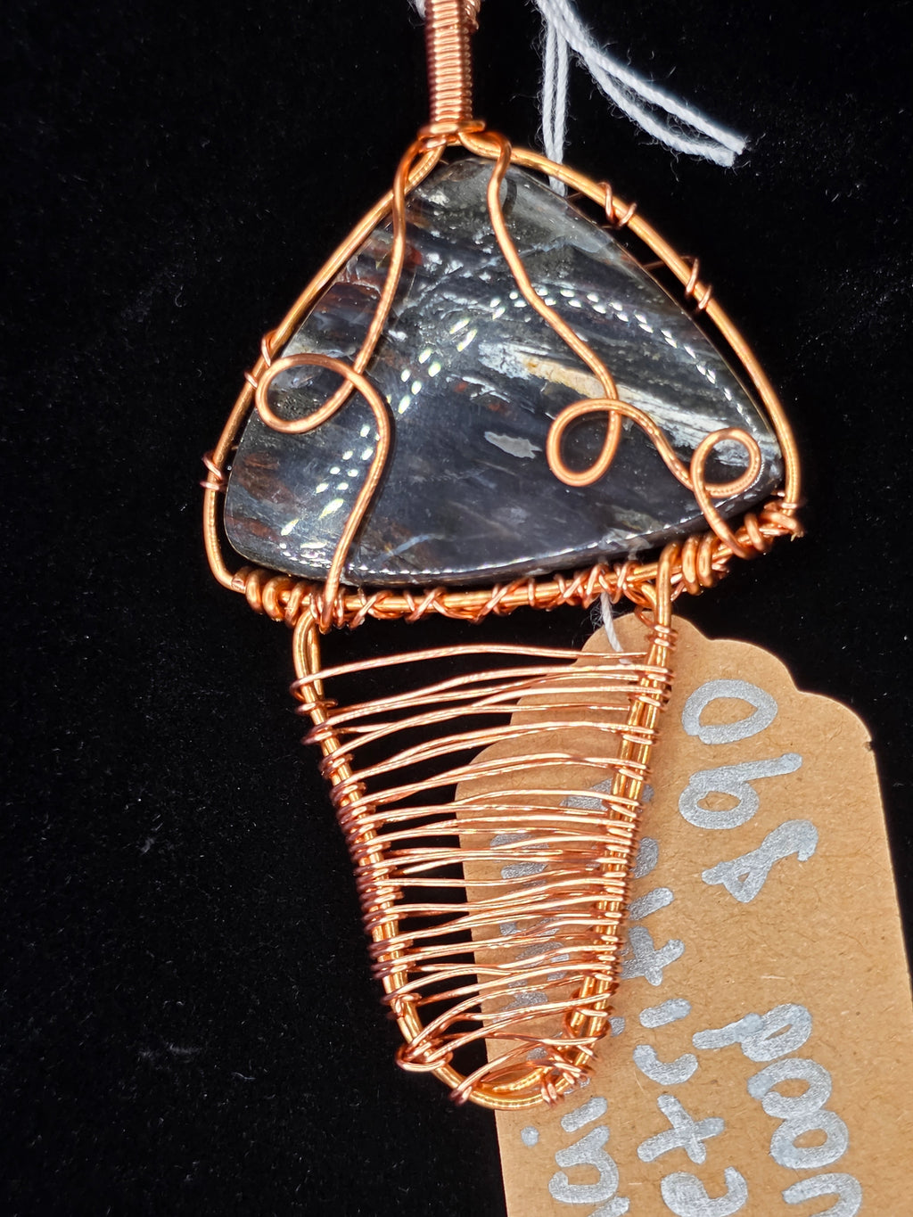 Rainbow Petrified Wood Artisan Basket Weave Copper Pendant