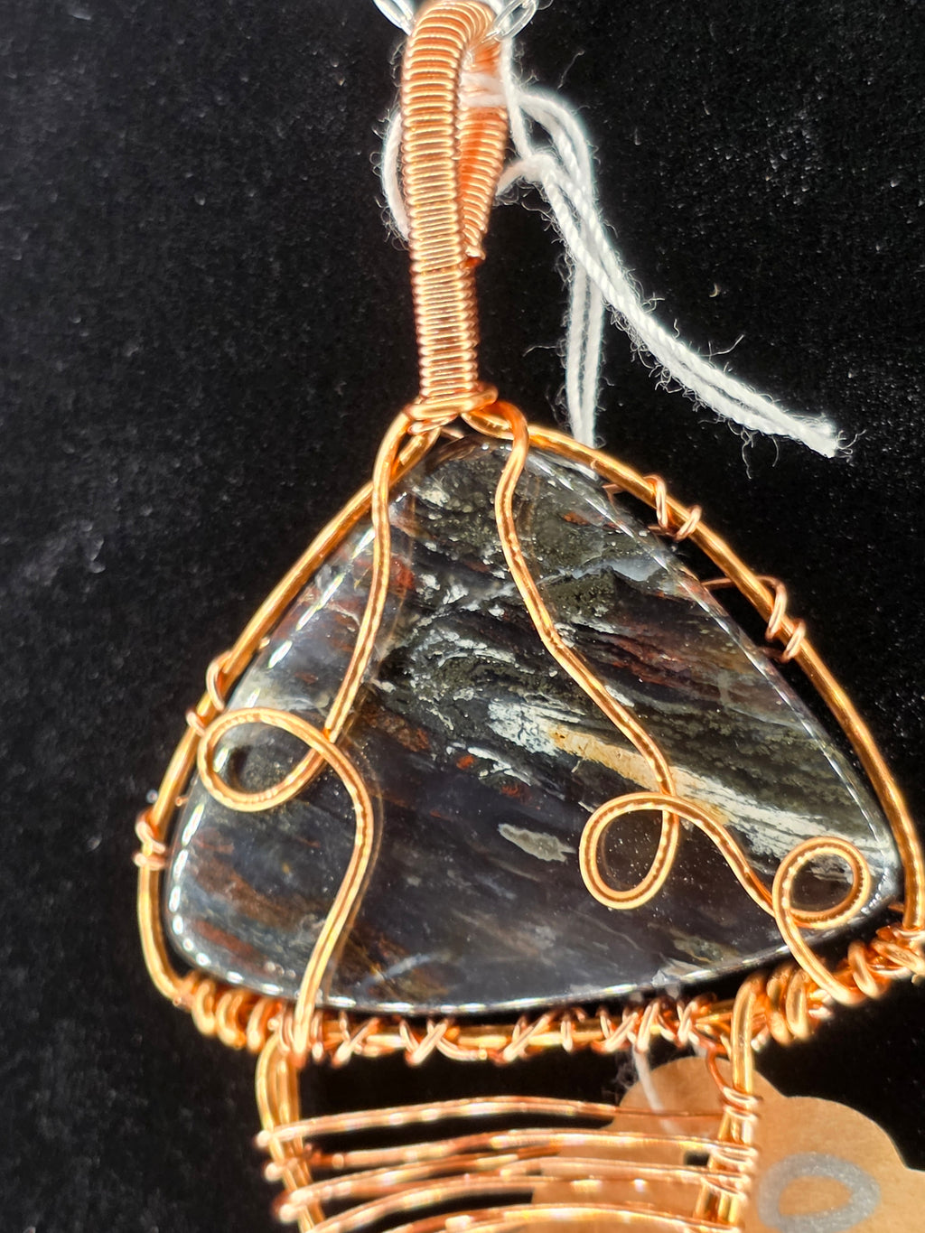 Rainbow Petrified Wood Artisan Basket Weave Copper Pendant