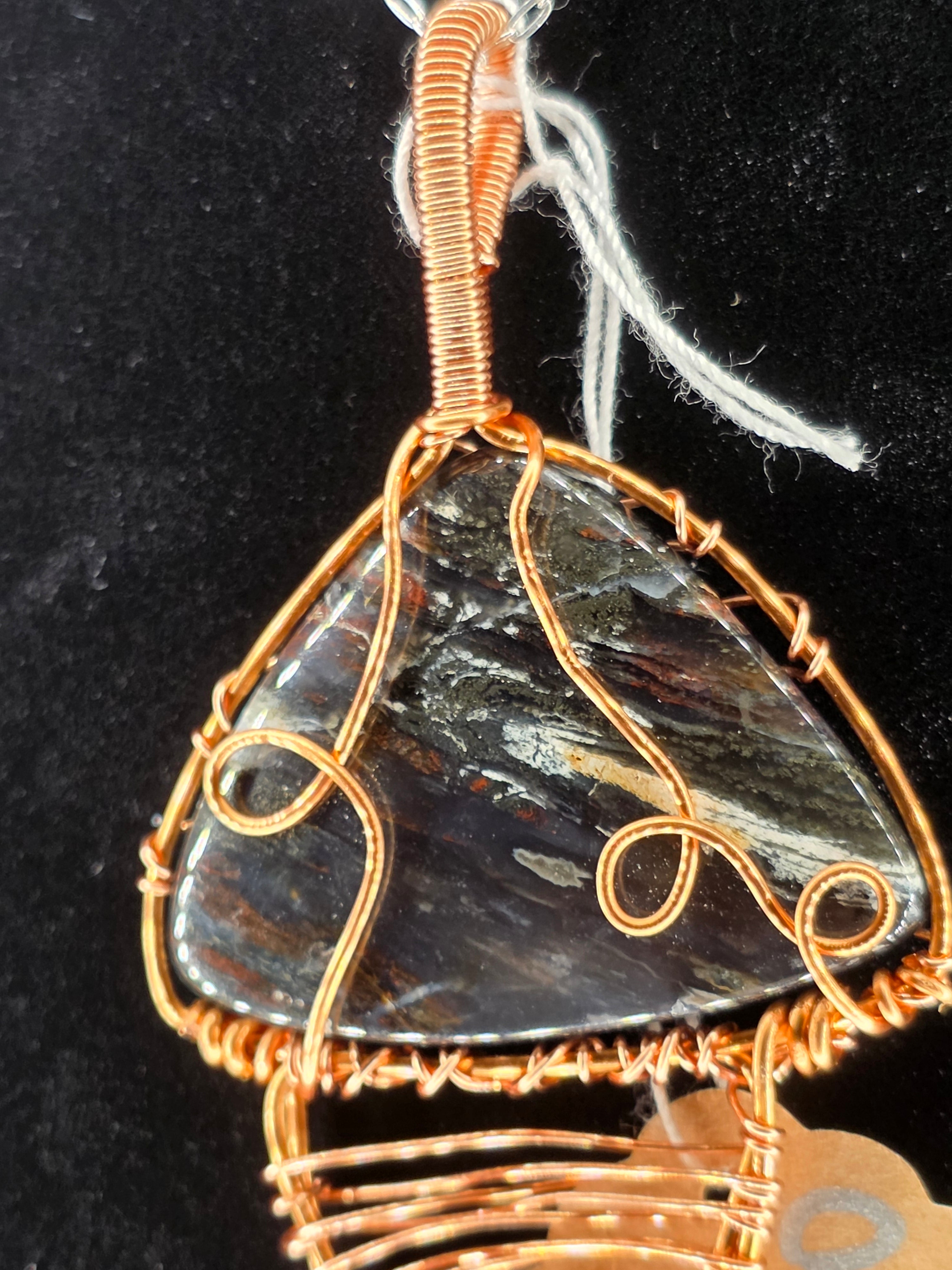 Rainbow Petrified Wood Artisan Basket Weave Copper Pendant
