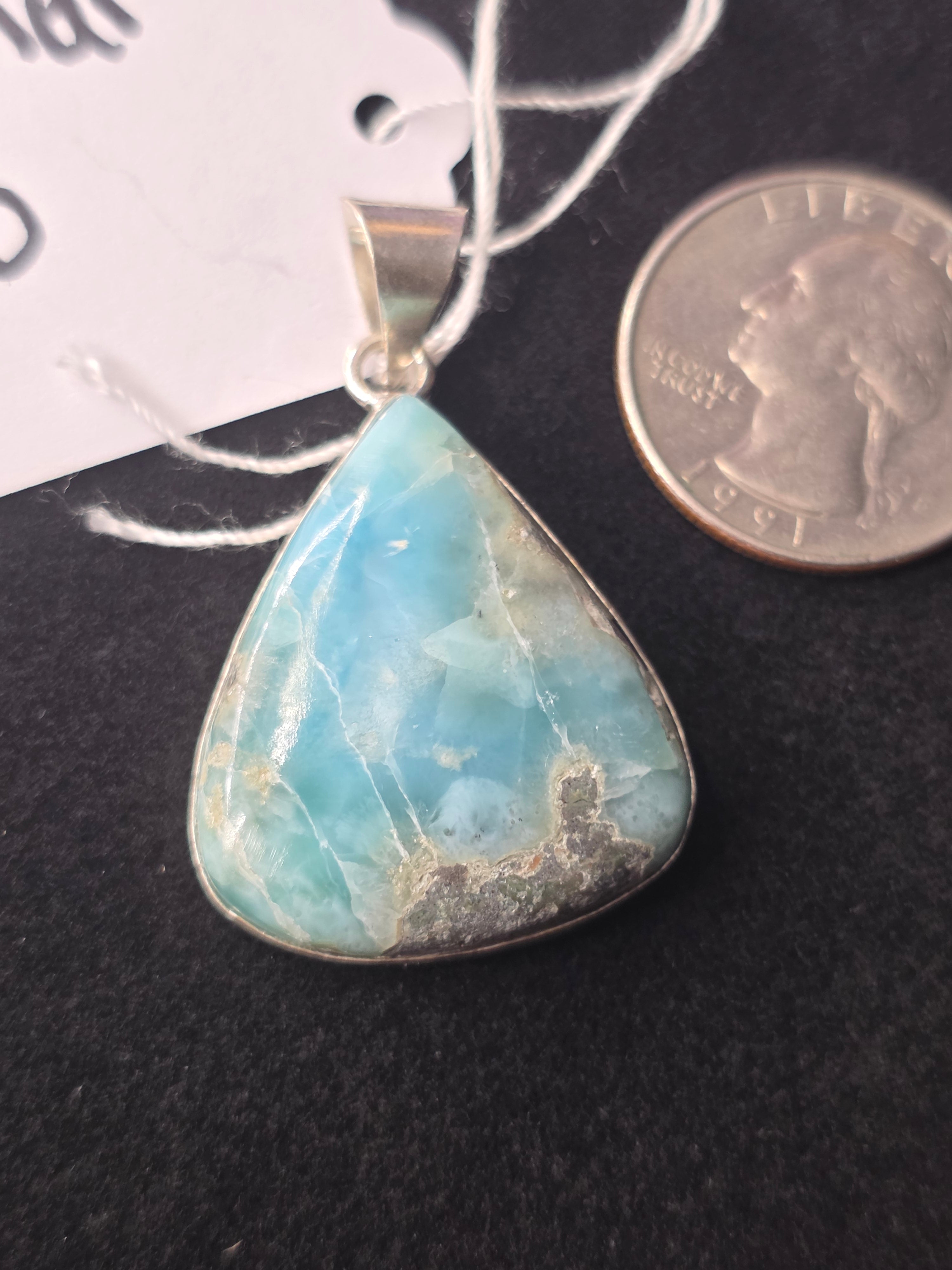 Silversmithed Wide Teardrop Larimar Pendant