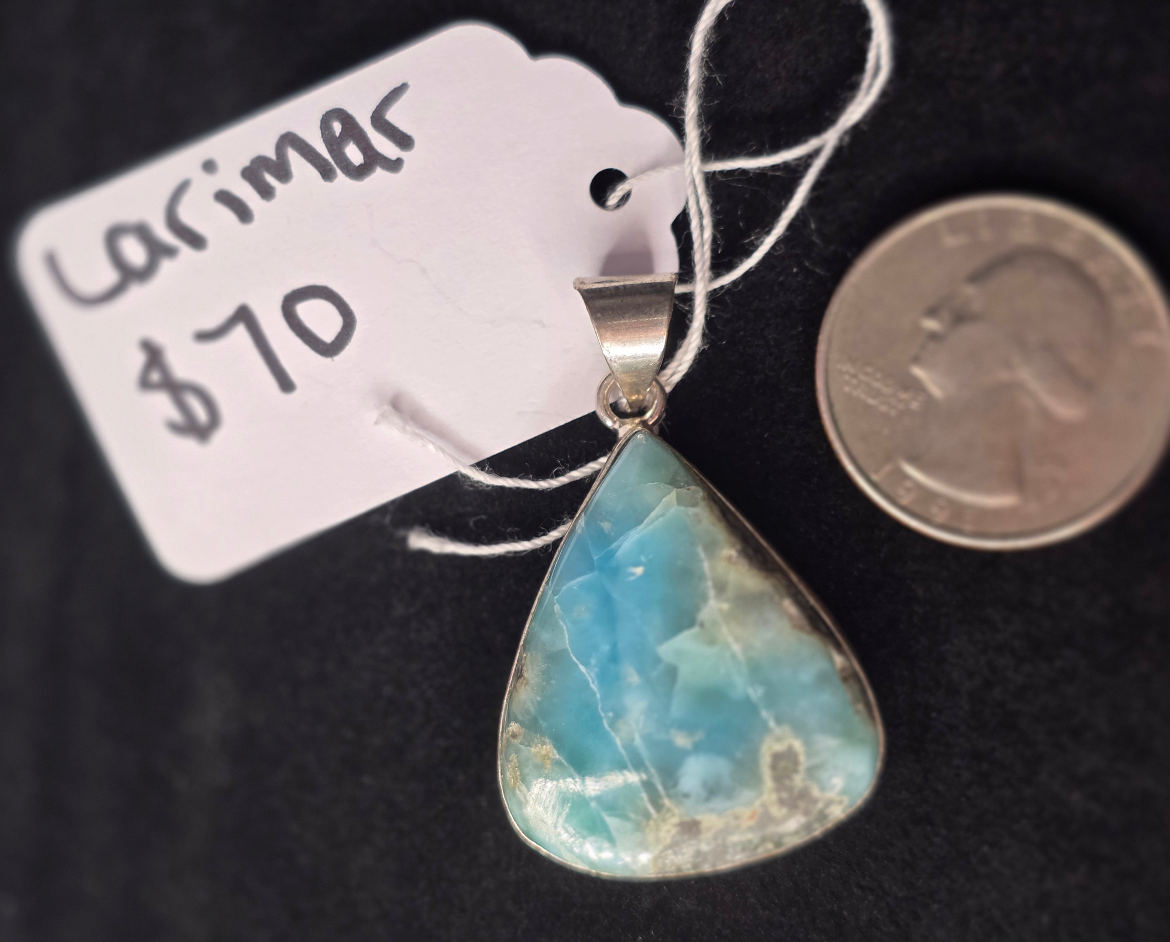 Silversmithed Wide Teardrop Larimar Pendant