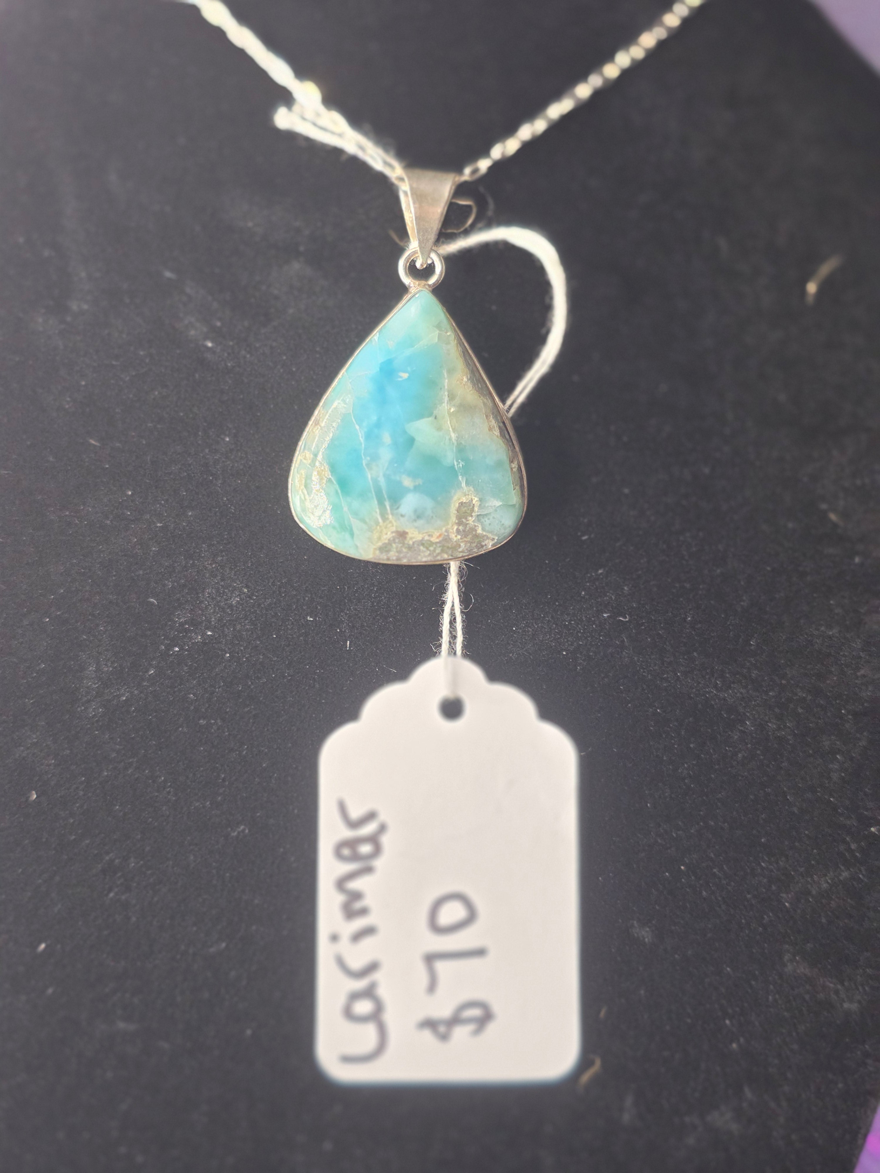 Silversmithed Wide Teardrop Larimar Pendant