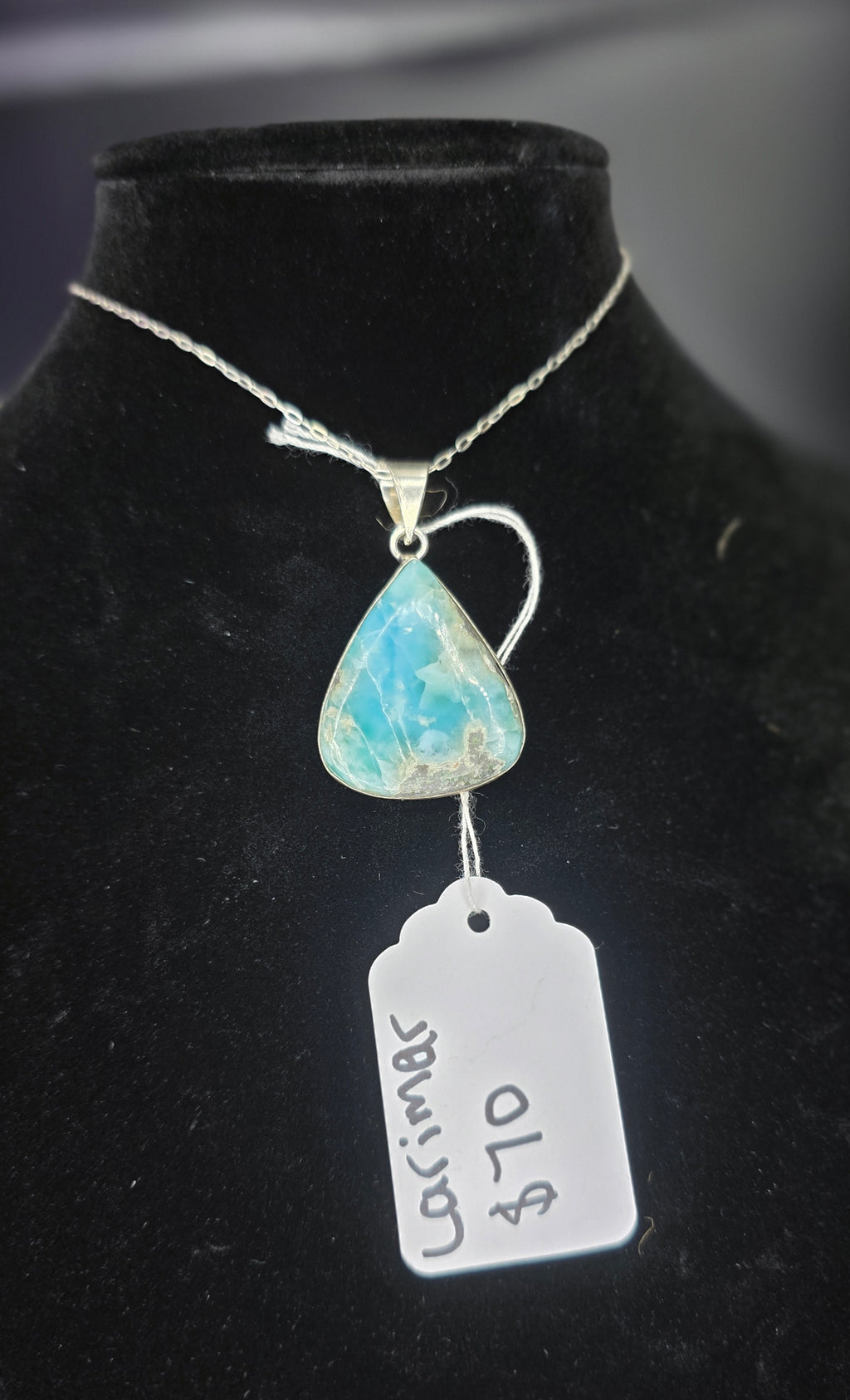 Silversmithed Wide Teardrop Larimar Pendant
