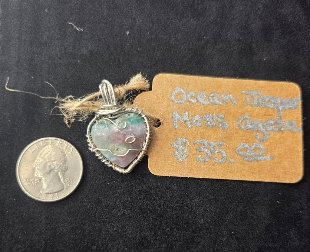 Ocean Jasper Mini Heart Moss Agate Pendant