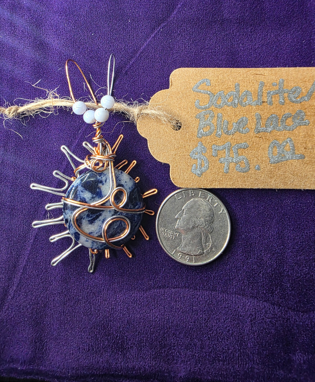 Sodalite Sun Pendant with Dual-Colored Wire & Blue Lace Agate Accents