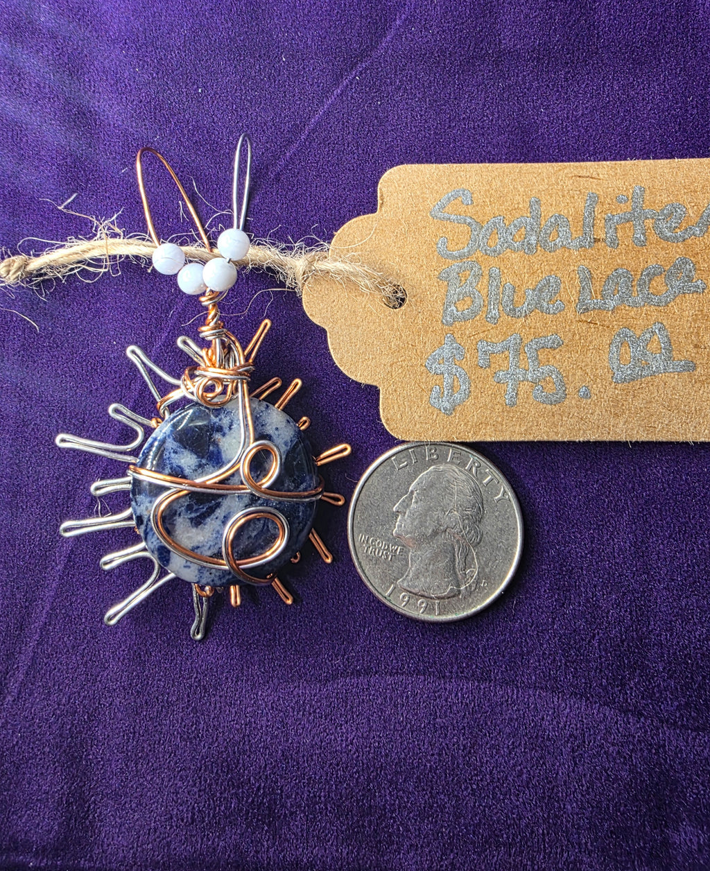 Sodalite Sun Pendant with Dual-Colored Wire & Blue Lace Agate Accents
