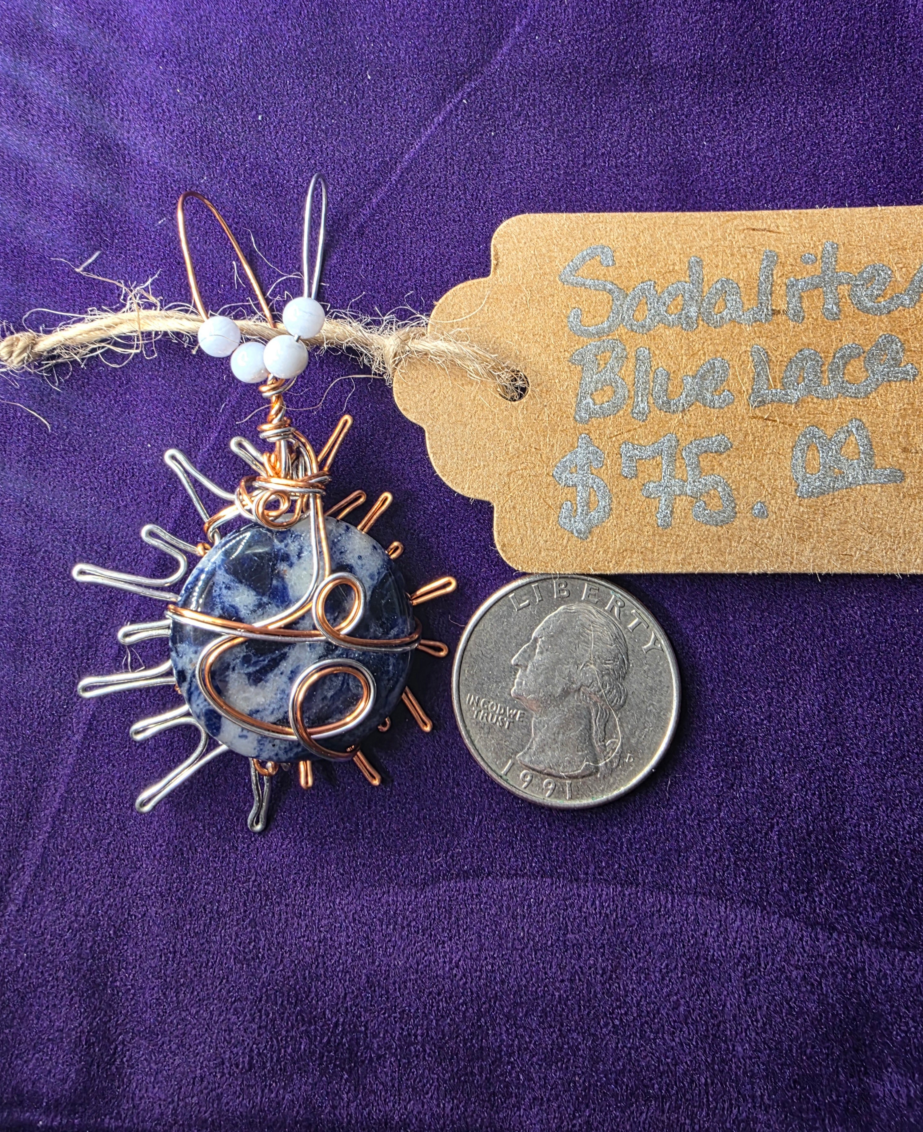 Sodalite Sun Pendant with Dual-Colored Wire & Blue Lace Agate Accents