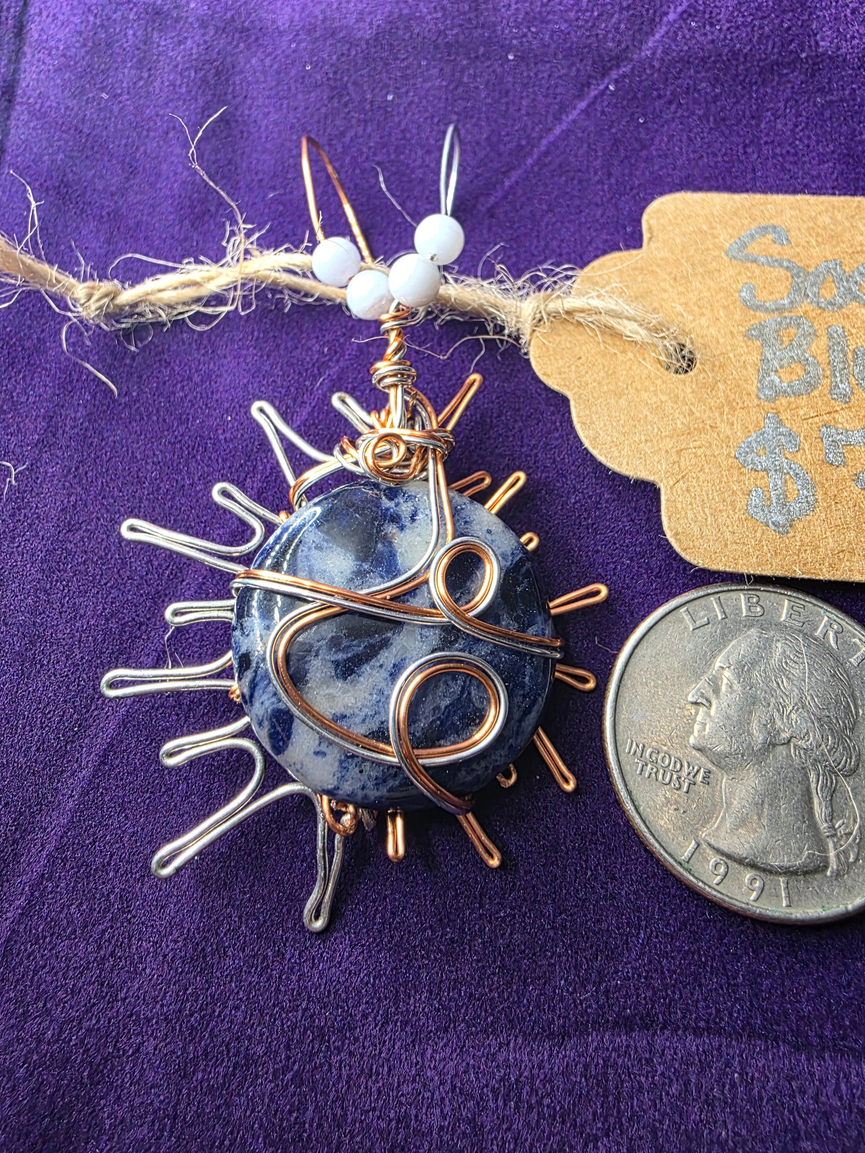 Sodalite Sun Pendant with Dual-Colored Wire & Blue Lace Agate Accents