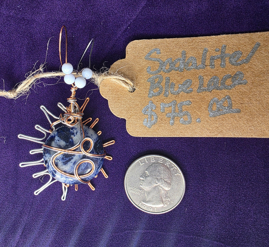 Sodalite Sun Pendant with Dual-Colored Wire & Blue Lace Agate Accents
